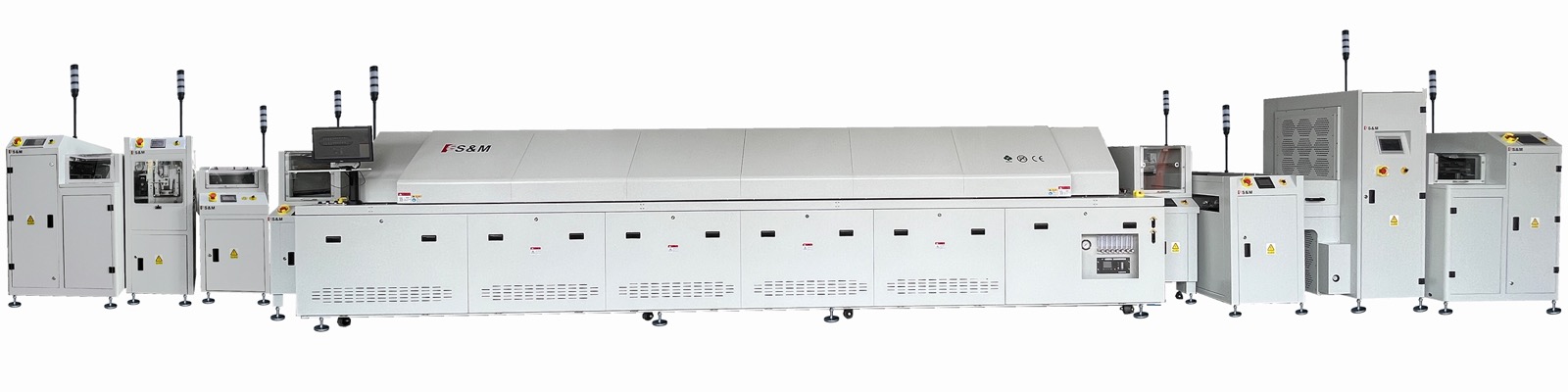 S&M SMT equipment line with reflow oven and PCB handling equipment