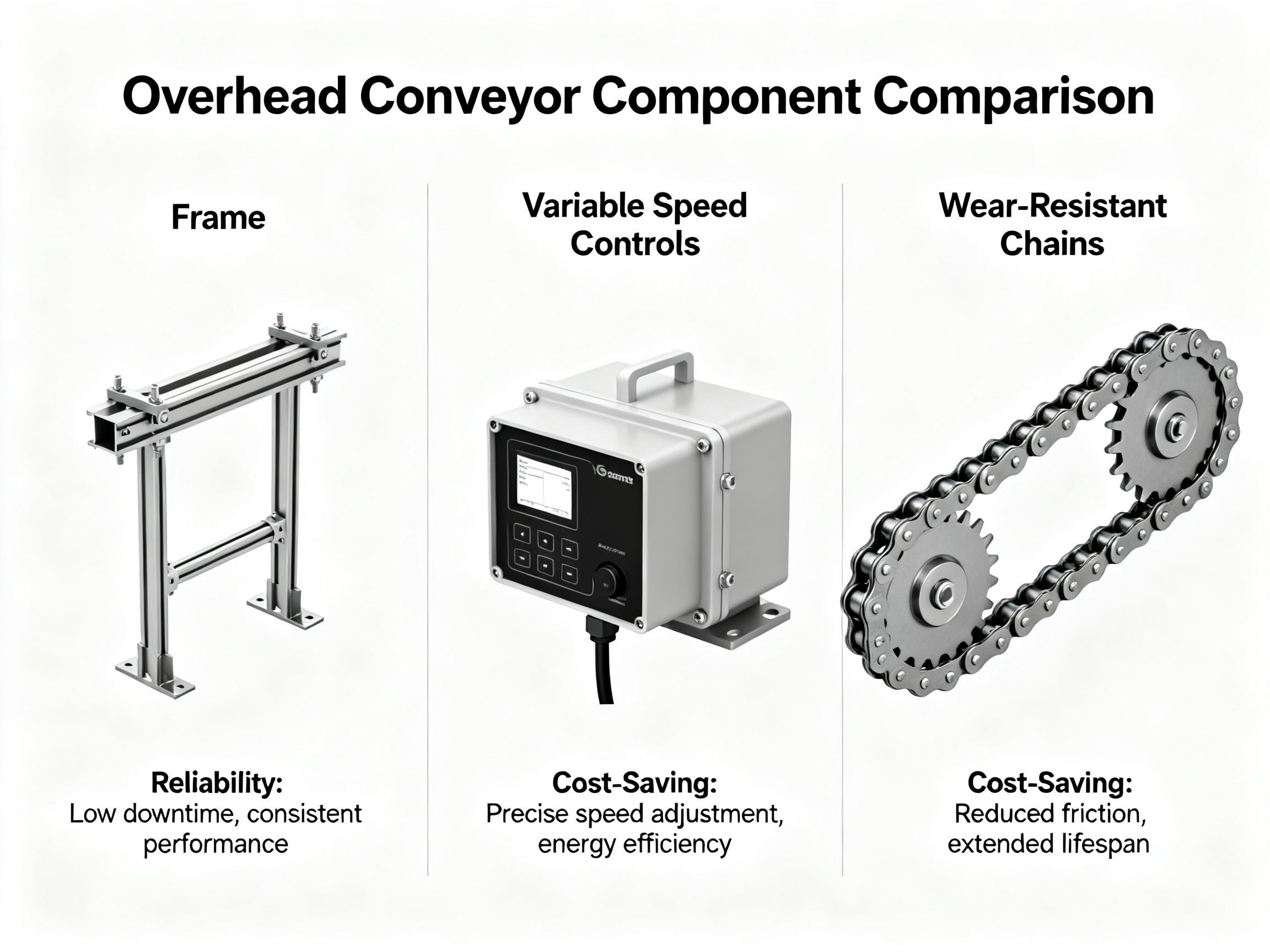 Minimal engineering infographic: A side-by-side comparison of well-maintained overhead conveyor components.