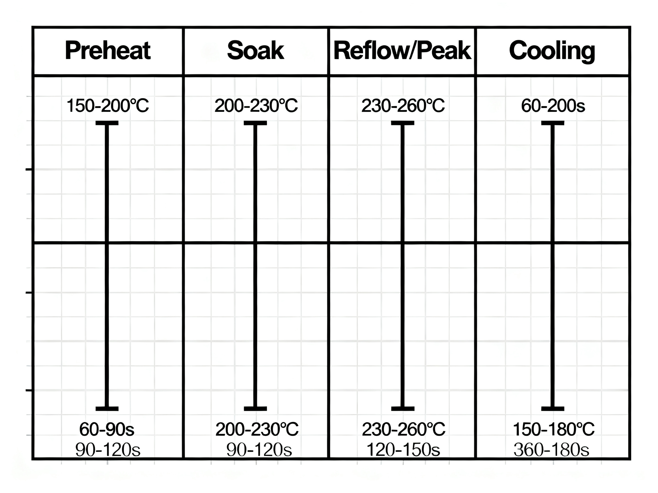 Minimal engineering infographic: a visual breakdown of a reflow temperature profile.