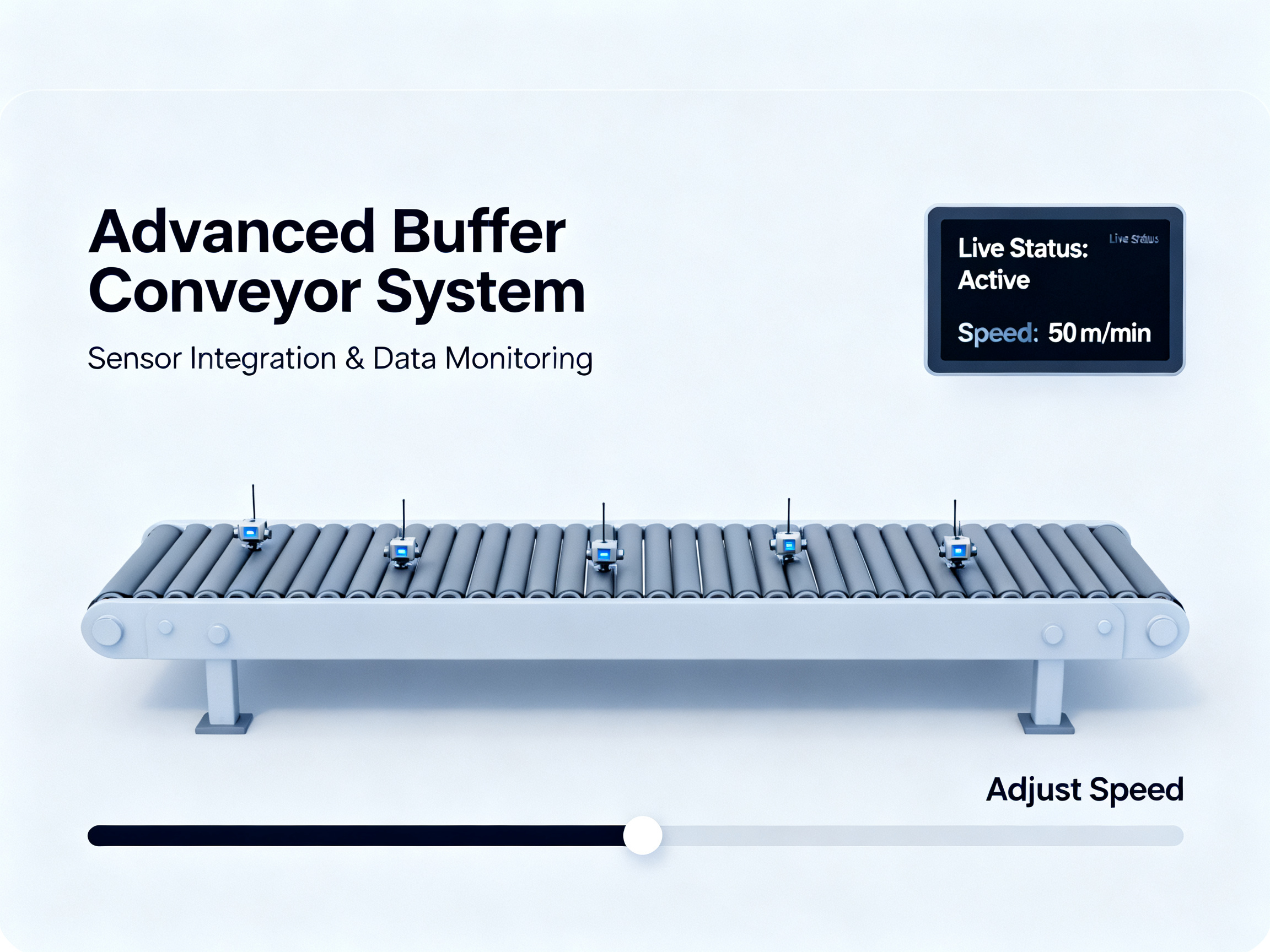 Minimal engineering infographic advanced buffer conveyor system with sensor integration.