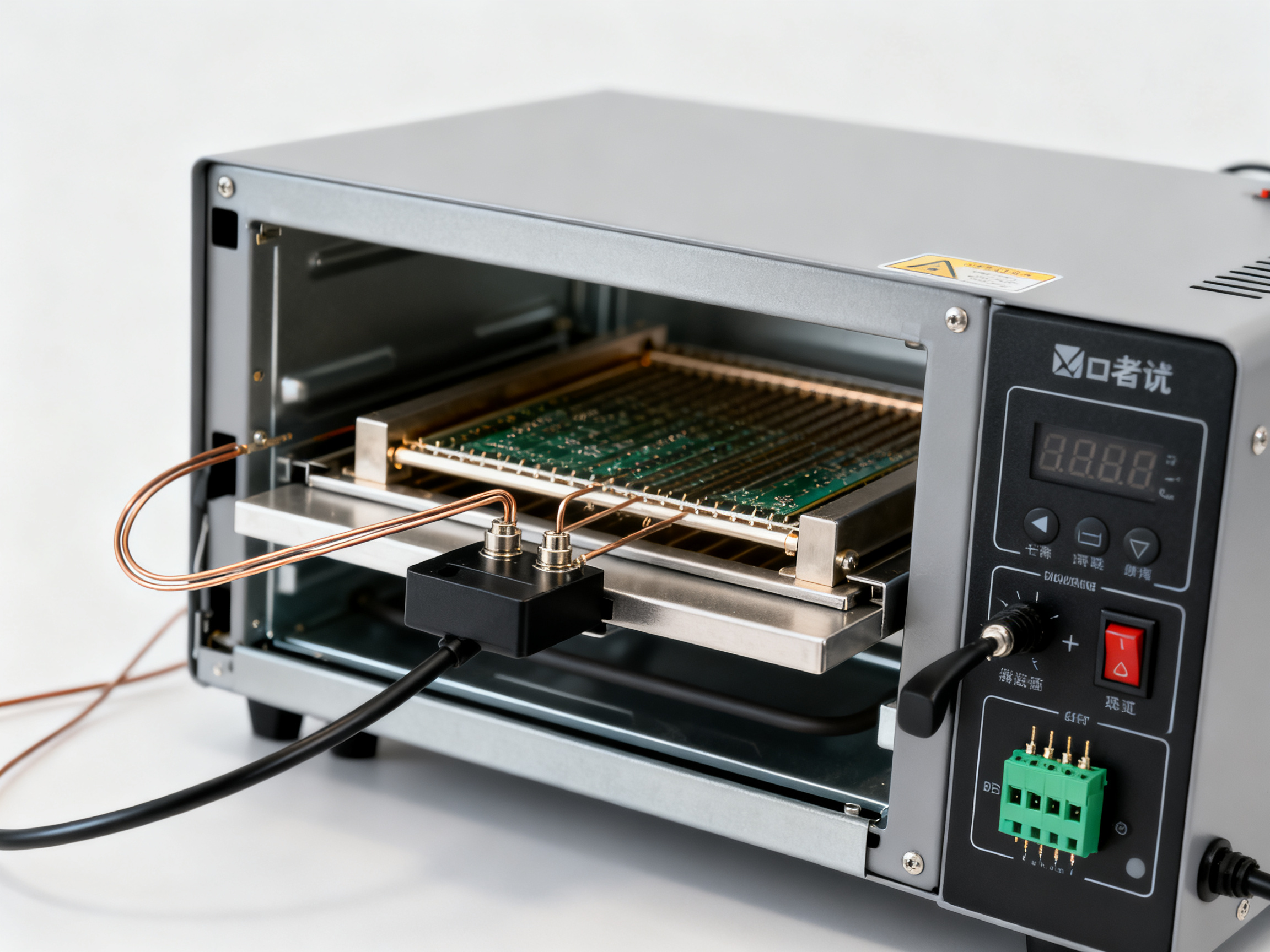 Minimal engineering infographic close-up of a functional toaster oven reflow solution.