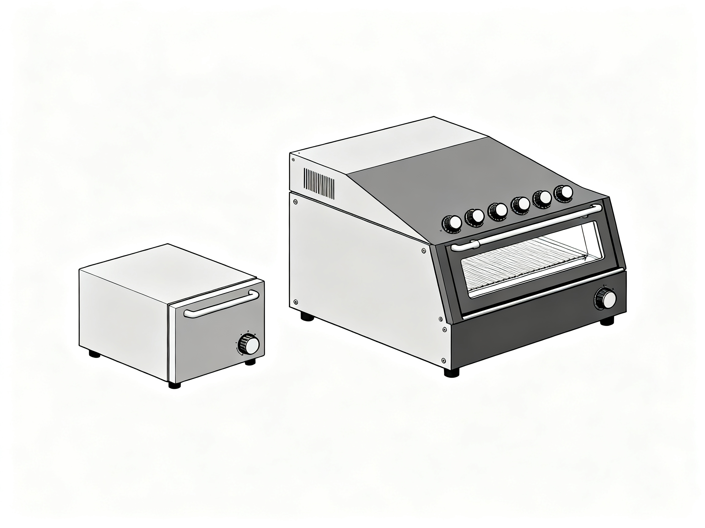 Minimal engineering infographic comparison of a compact hobbyist countertop reflow oven with basic features.