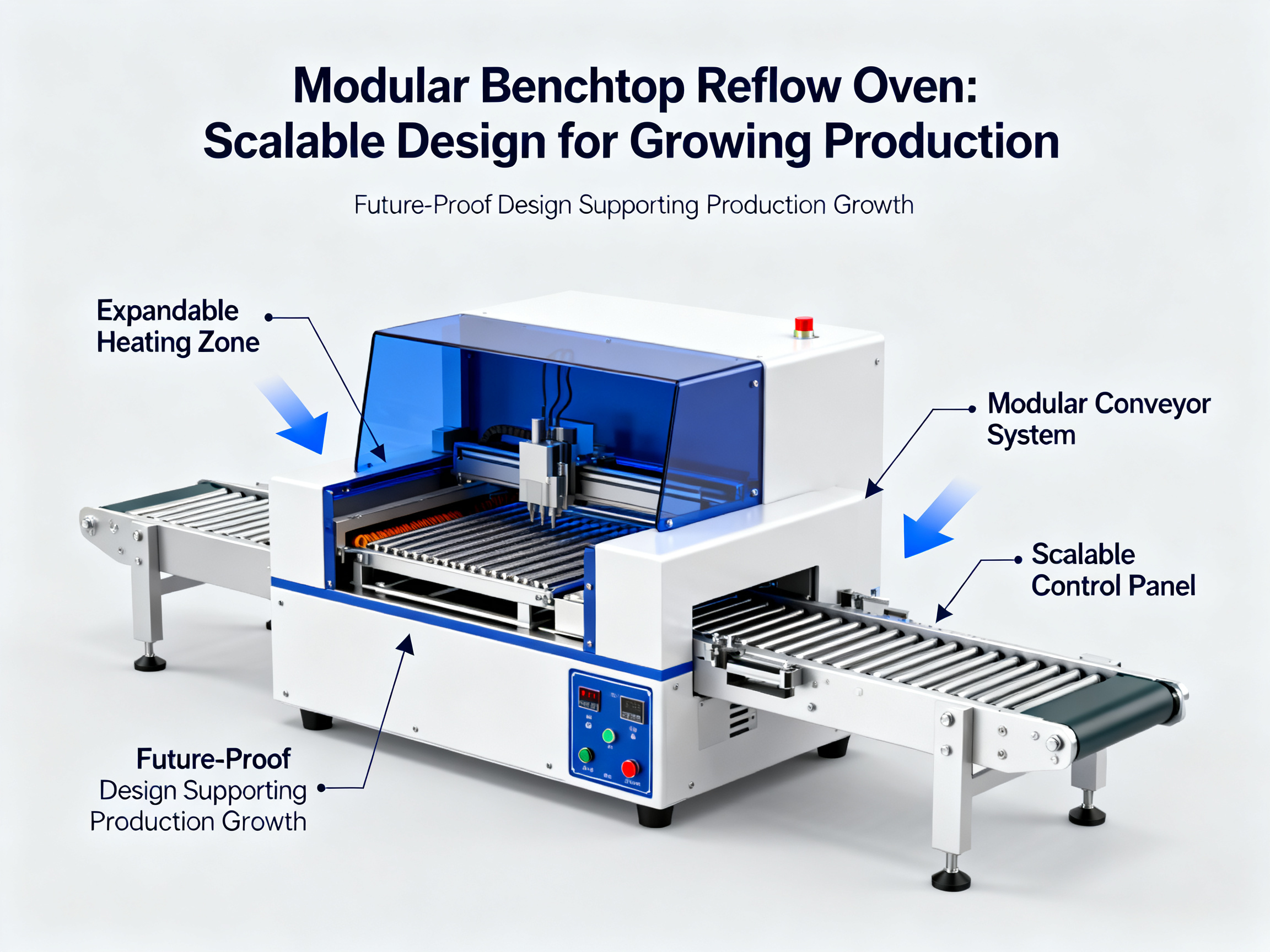 Minimal engineering infographic displaying a modular benchtop reflow oven with efficient controls designed for high flexibility.
