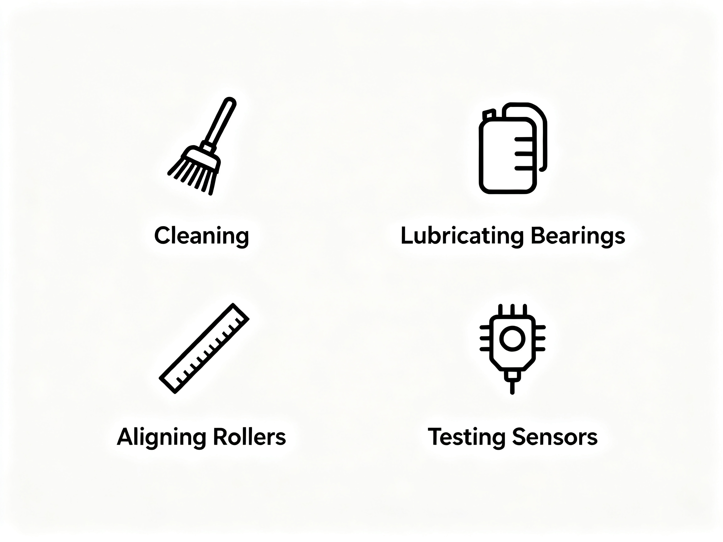 Minimal engineering infographic displaying maintenance checklist for PCB roller conveyor systems.