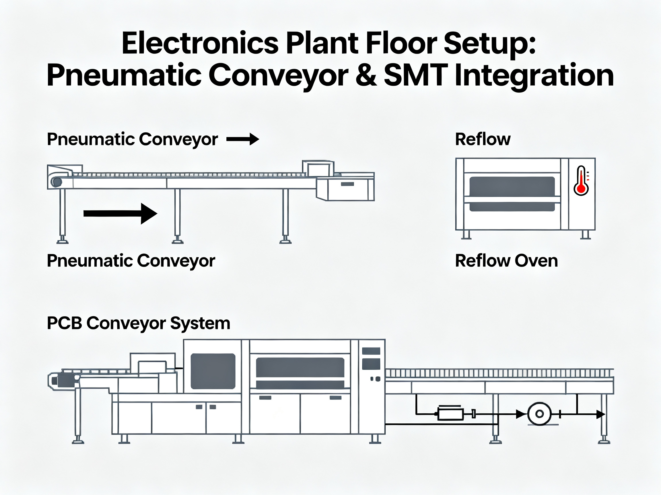 Minimal engineering infographic depicting smooth factory integration on an electronics plant floor.