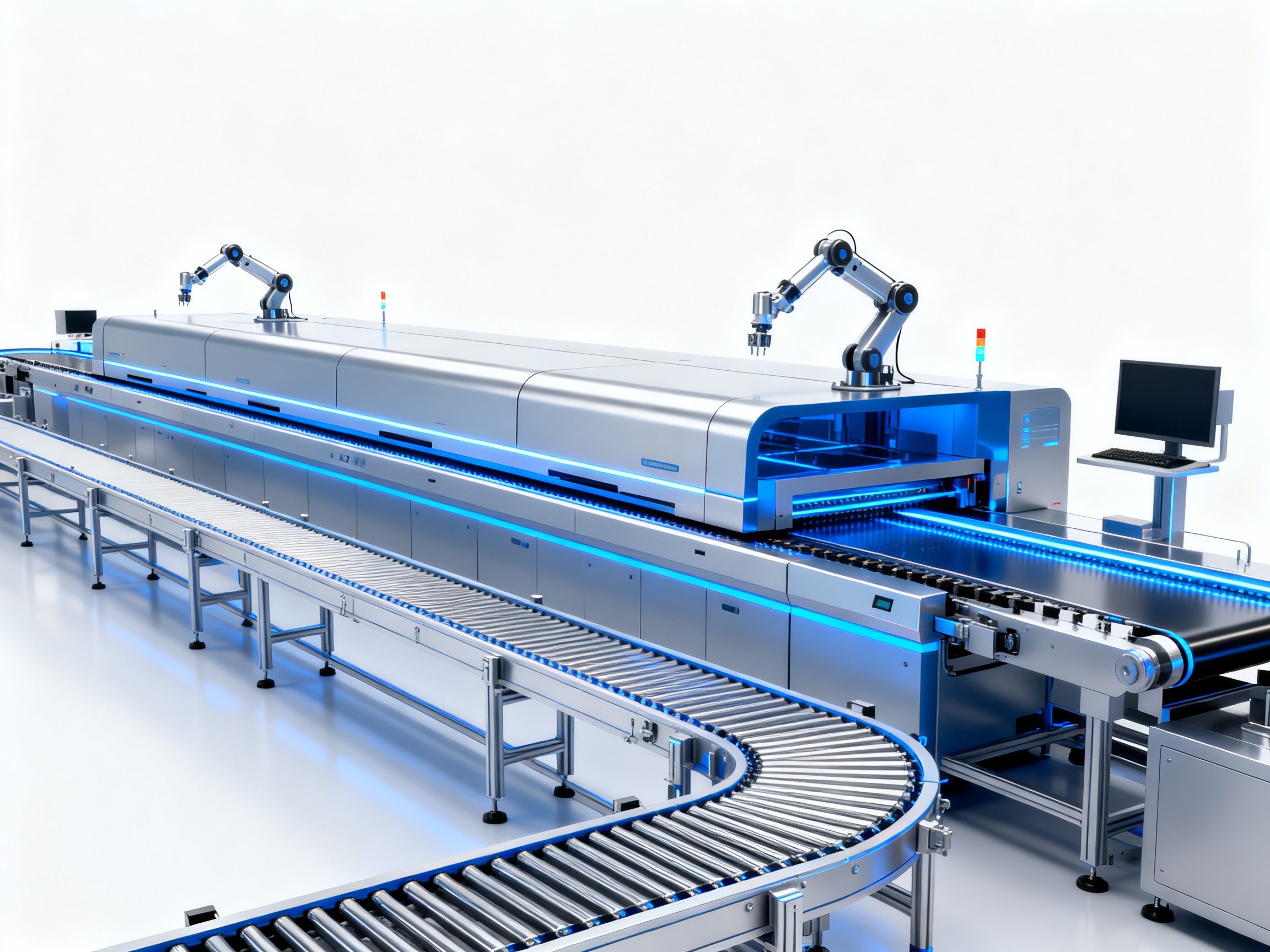 Minimal engineering infographic depicting futuristic SMT manufacturing floor.