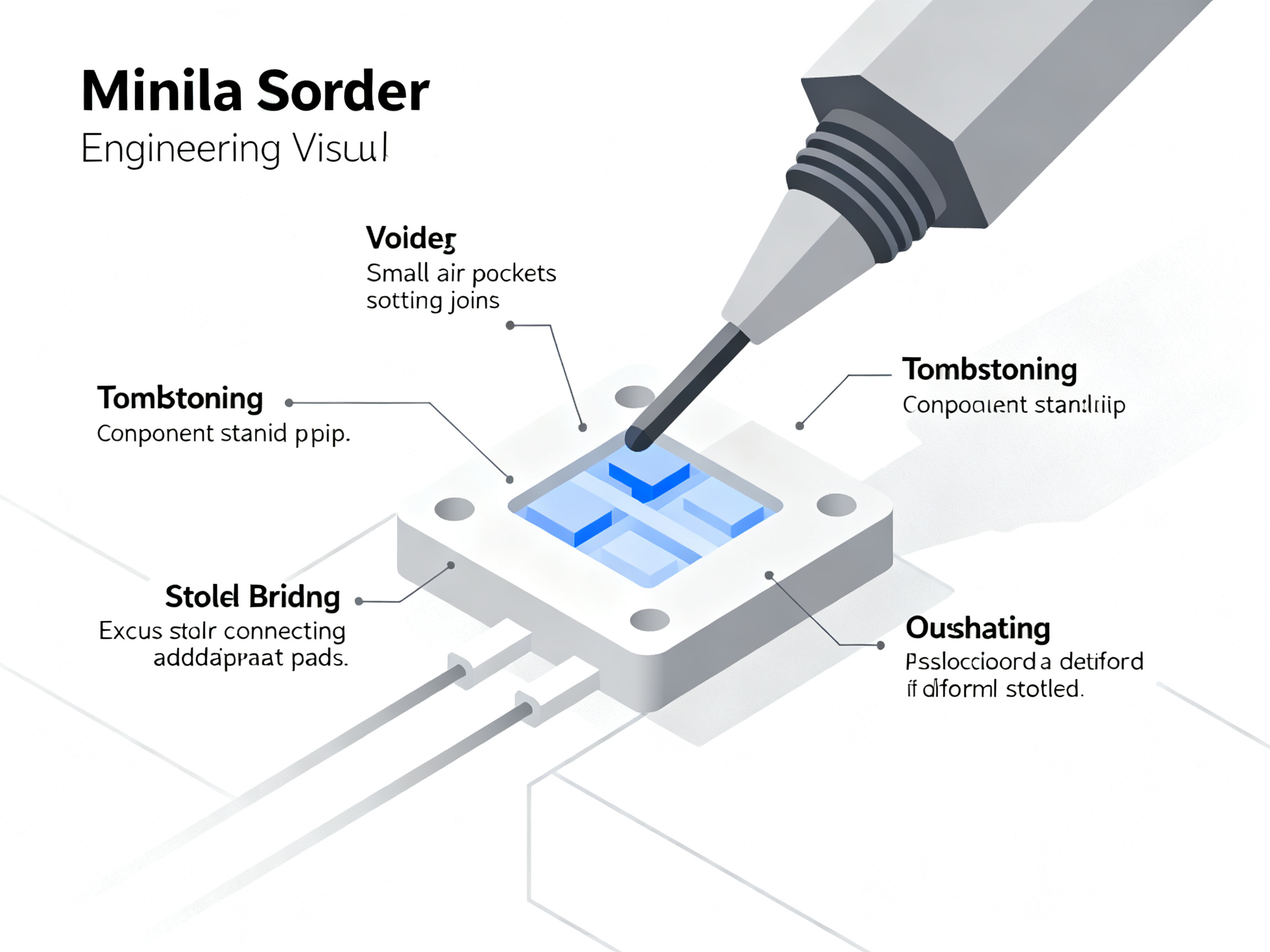 Minimal engineering infographic, high-quality representation of issues like voiding and solder bridging.