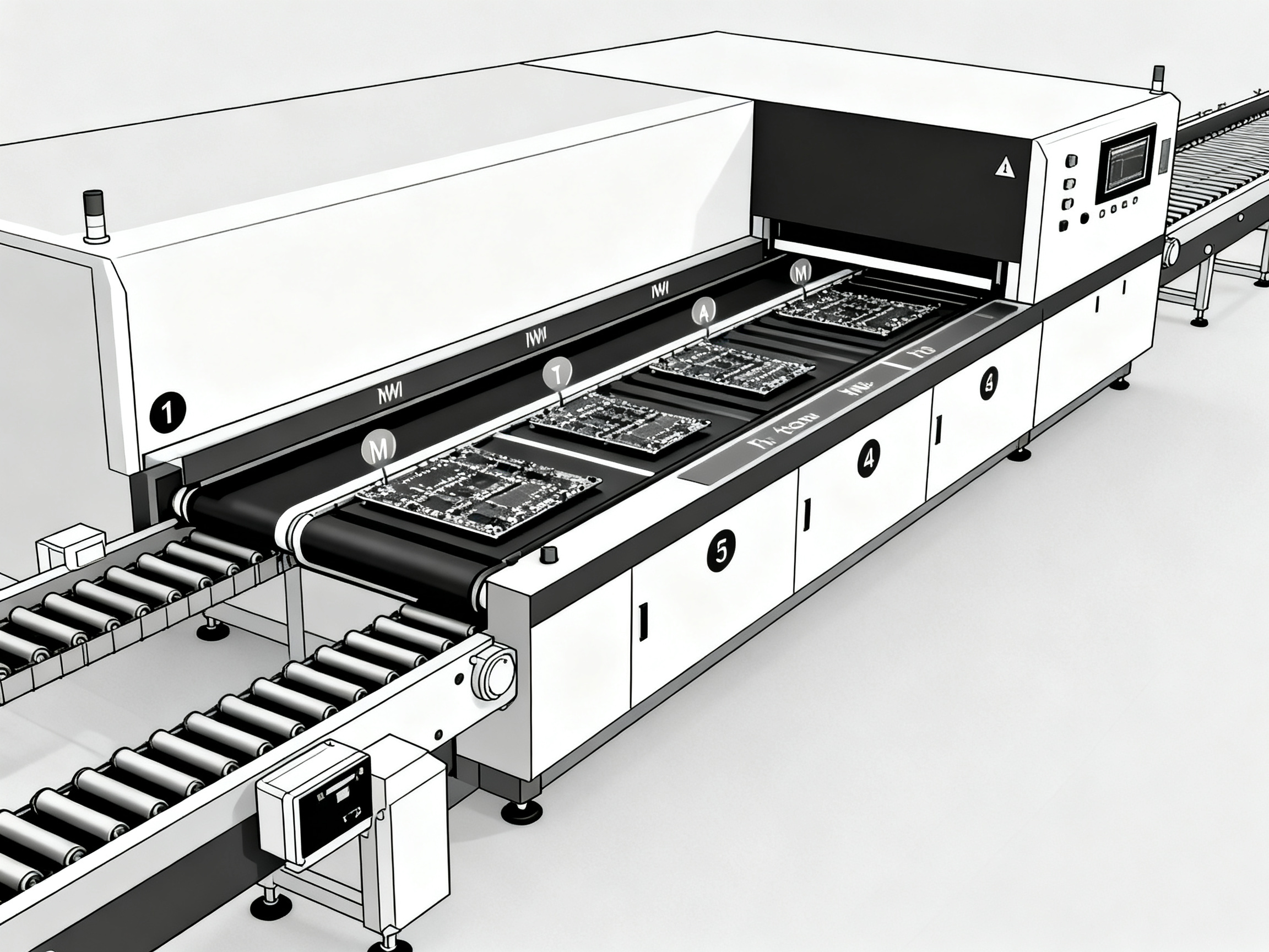 Minimal engineering infographic: High-volume production reflow oven diagram with detailed efficiency features.