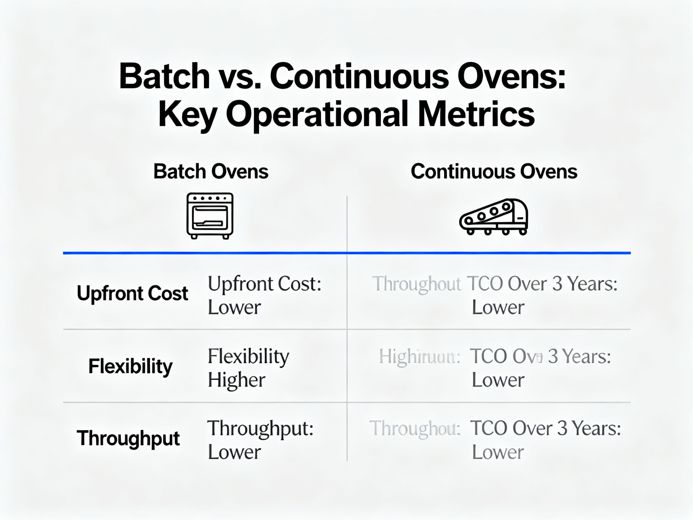 Minimal engineering infographic highlighting batch vs continuous ovens comparison.