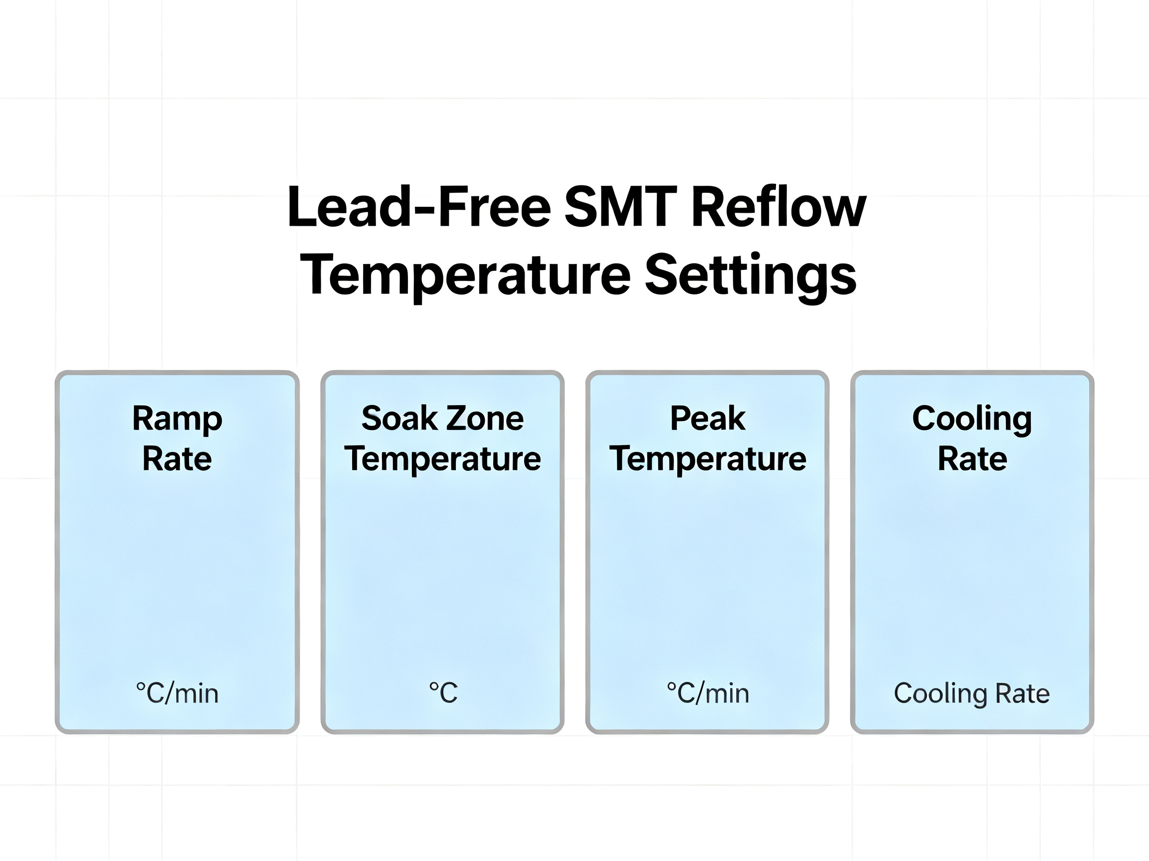 Minimal engineering infographic: Lead-free SMT reflow temperature settings showing ramp rate, soak time, and peak heat.