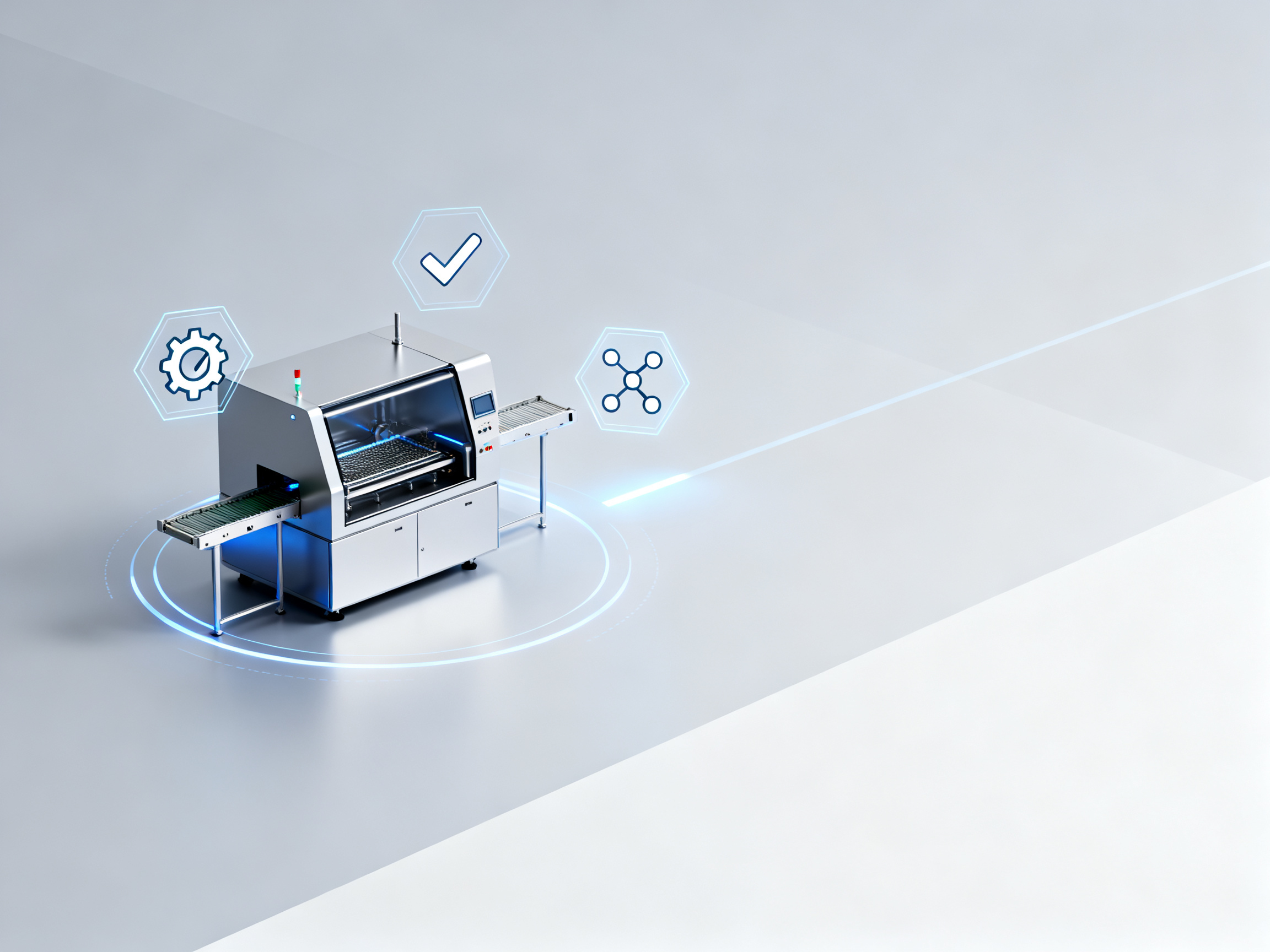 Minimal engineering infographic of a smart reflow oven integrating AI-driven process control.