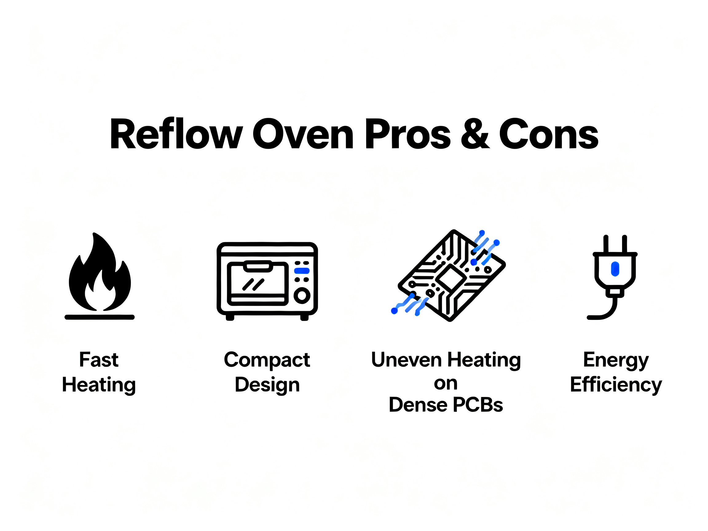 Minimal engineering infographic on reflow oven pros and cons showing icons for infrared ovens.