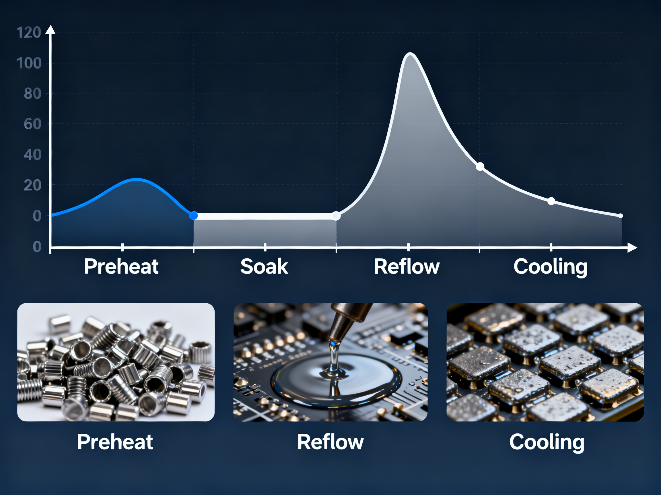 Minimal engineering infographic displaying the detailed temperature profiling process for SMT reflow ovens.
