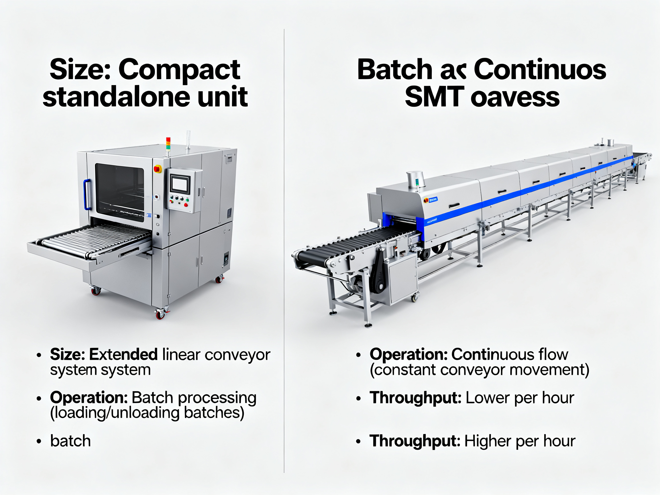 Minimal engineering infographic comparing batch and continuous SMT reflow ovens side by side.