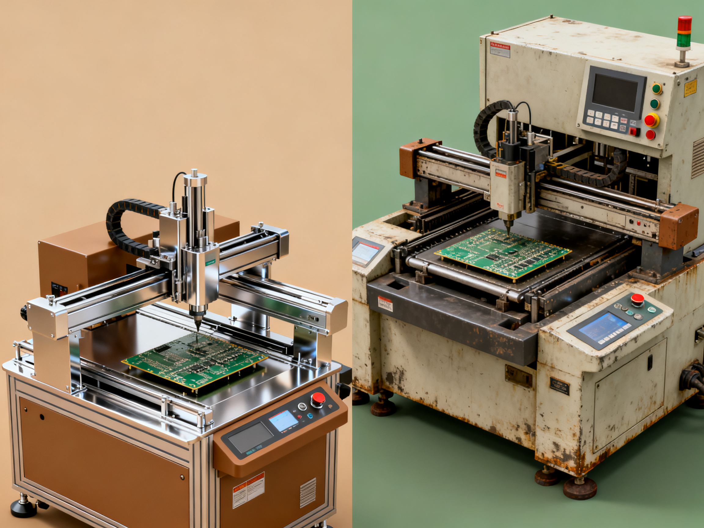 Minimal engineering infographic photorealistic, high detail – comparison of budgets for complete SMT lines.
