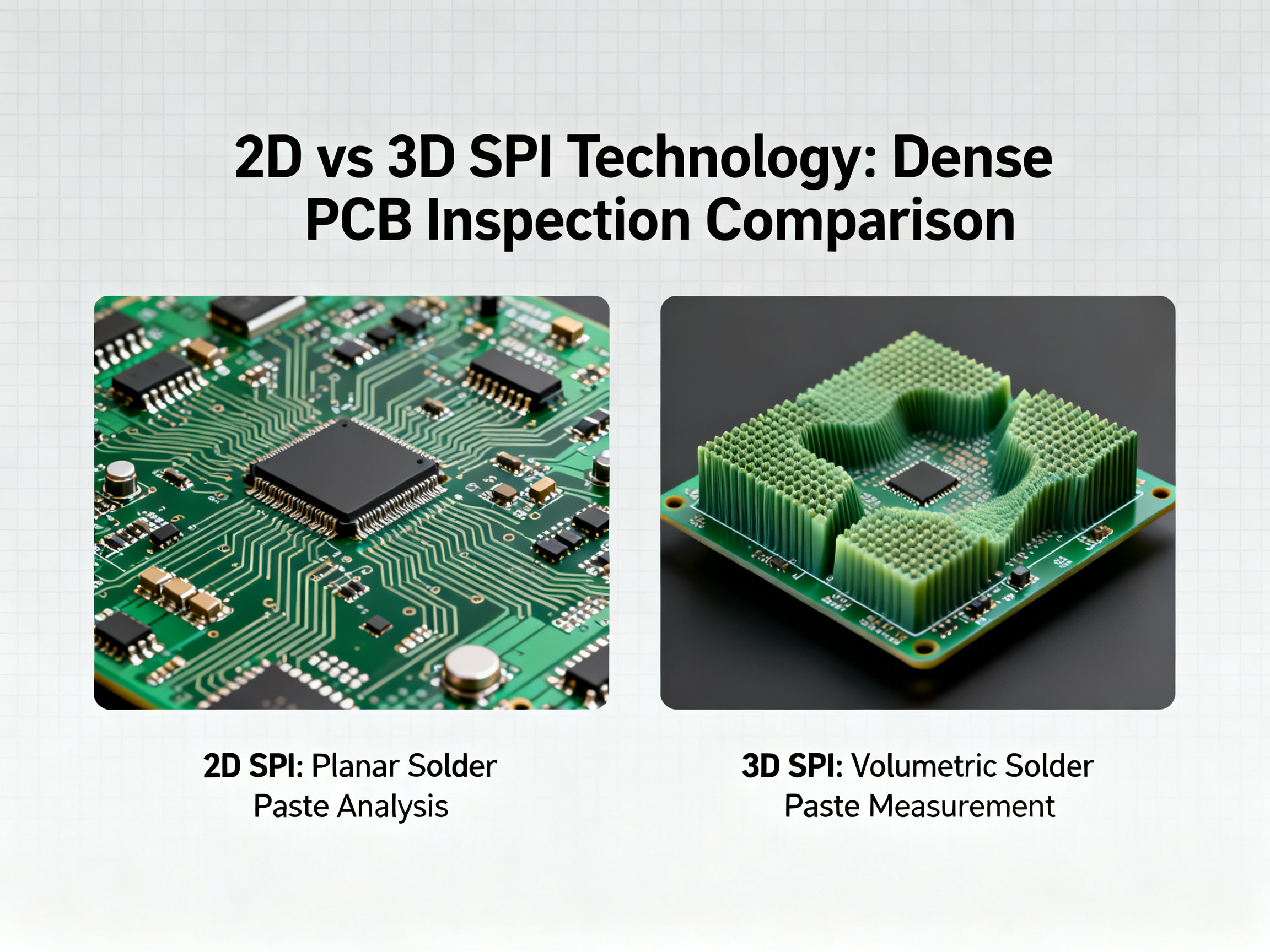 Minimal engineering infographic photorealistic visualization showing a comparison between 2D and 3D SPI.