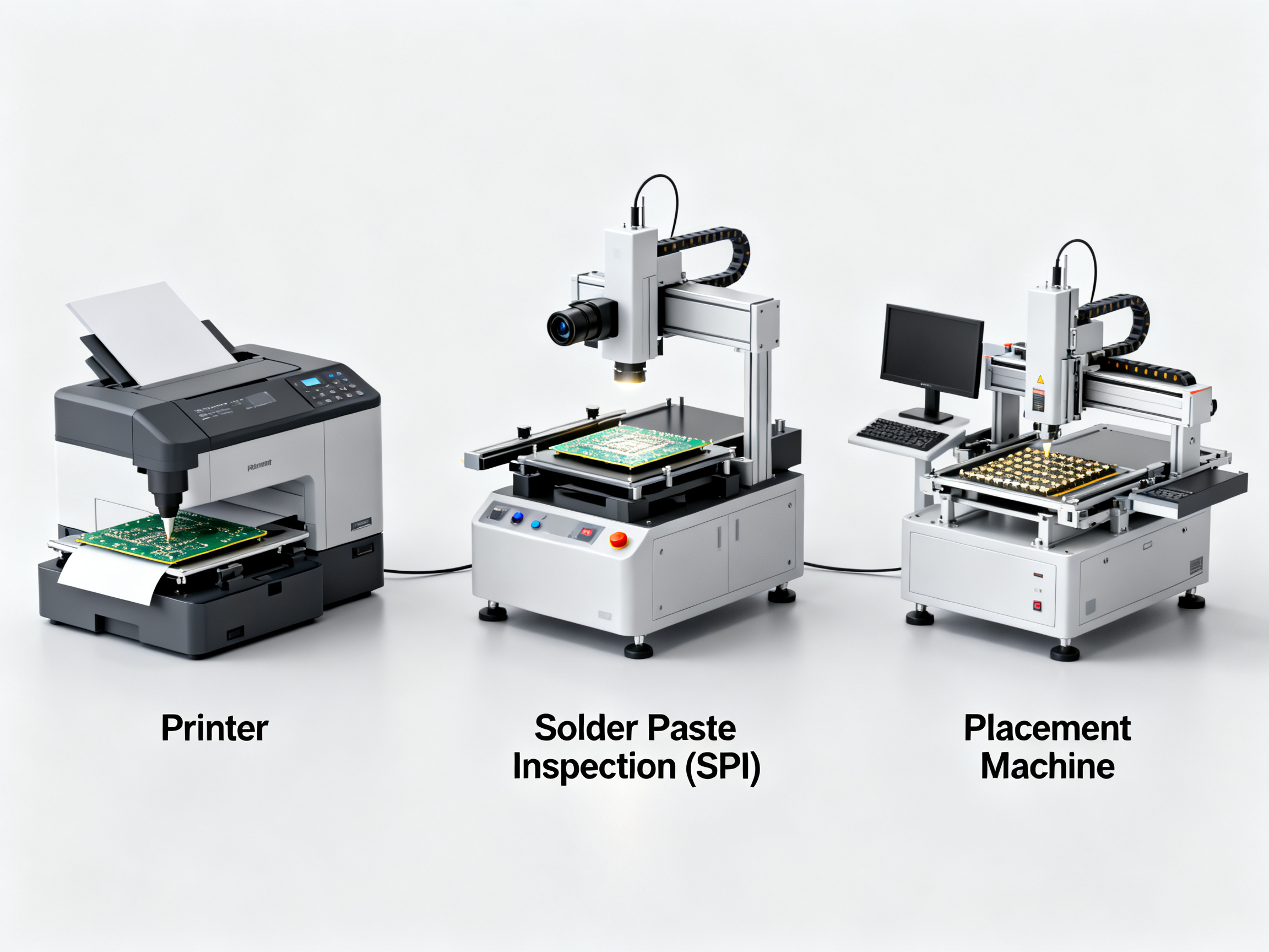 Minimal engineering infographic photorealistic visualization of a solder paste inspection machine in action.