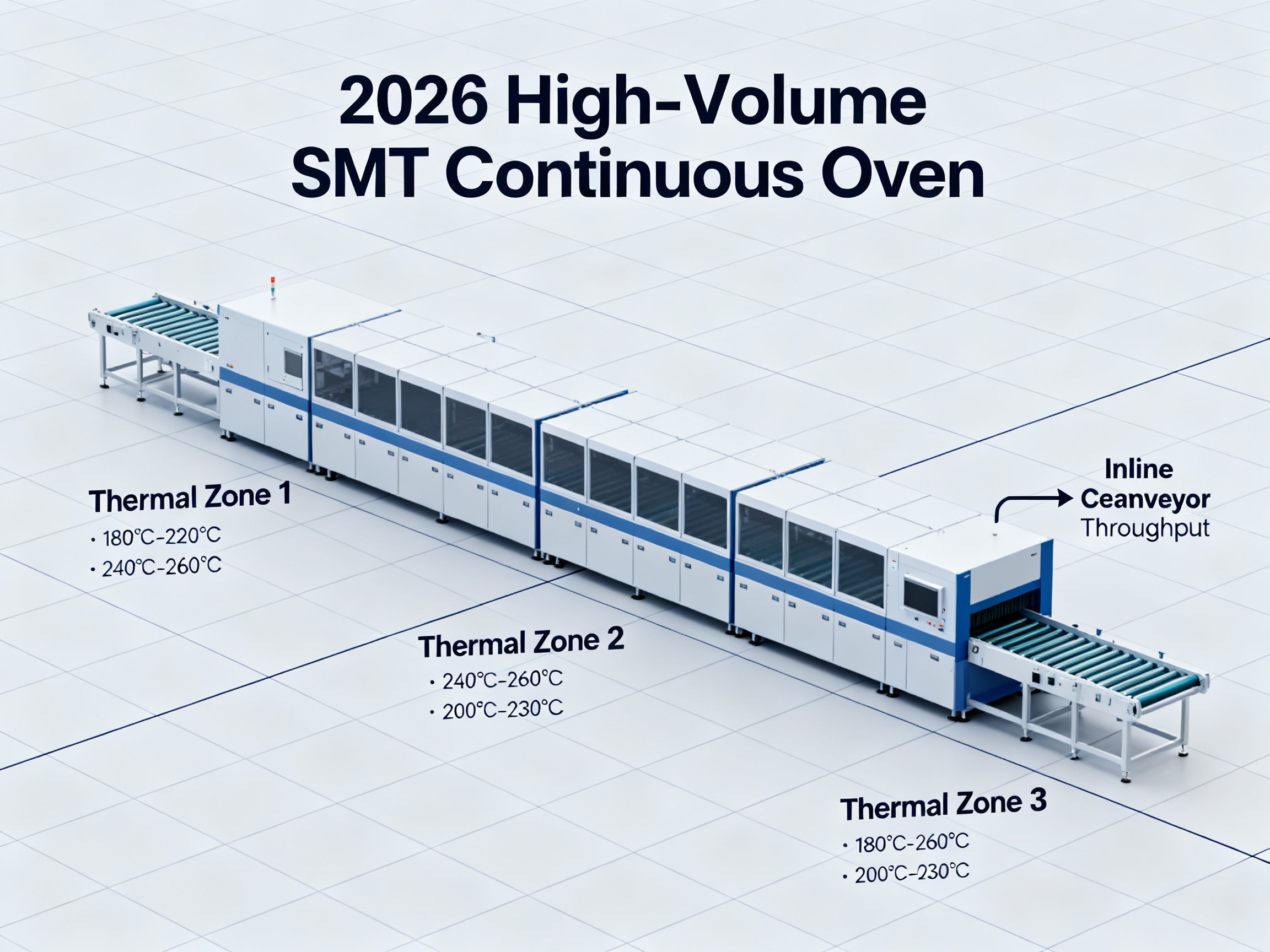 Minimal engineering infographic showcasing continuous ovens for high-volume SMT.