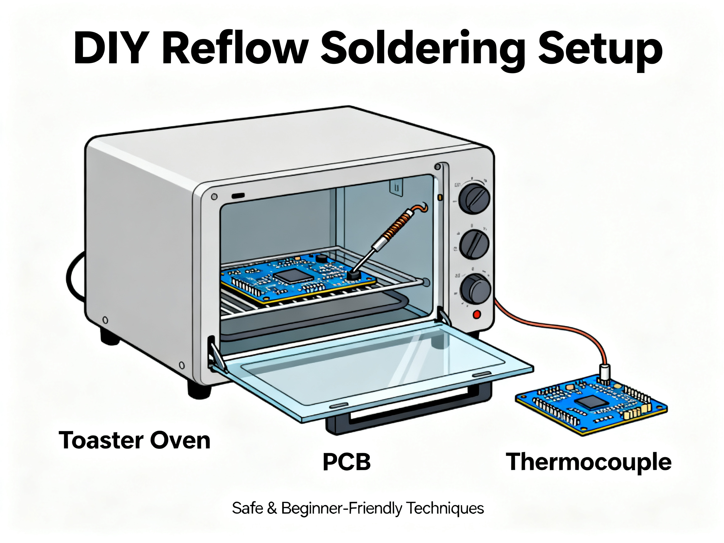 Minimal engineering infographic showing a DIY hobbyist reflow soldering setup.