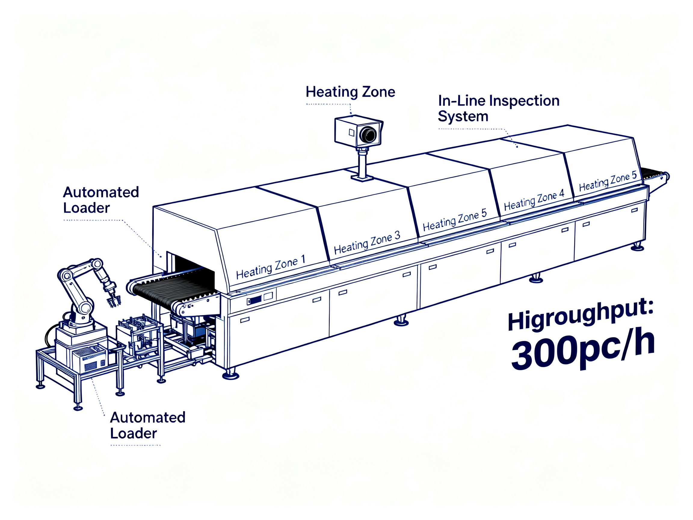 Minimal engineering infographic showing a full-scale conveyorized SMT reflow oven, optimized for high-volume production.