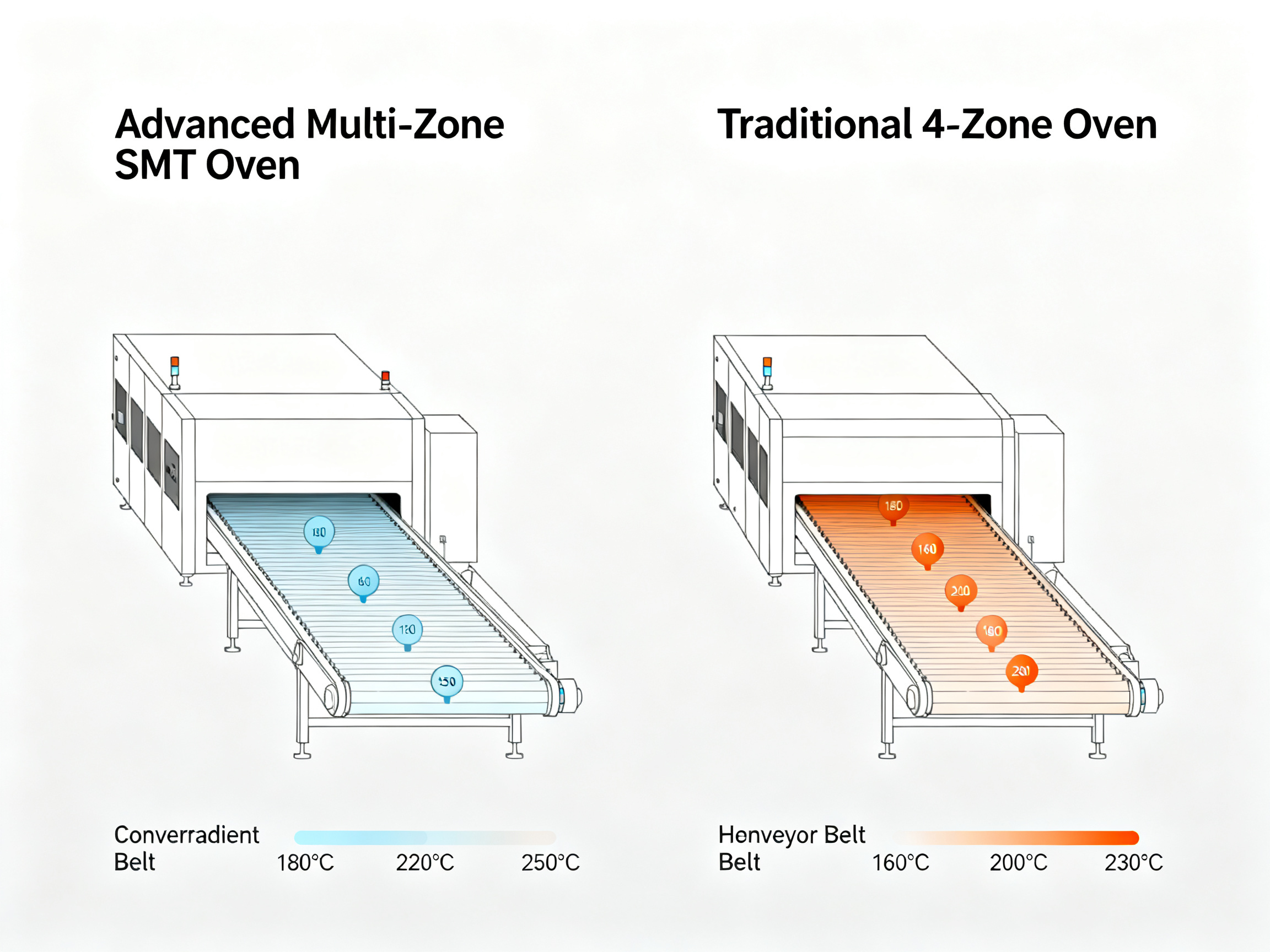 Minimal engineering infographic - showing a side-by-side depiction of advanced multi-zone reflow ovens.