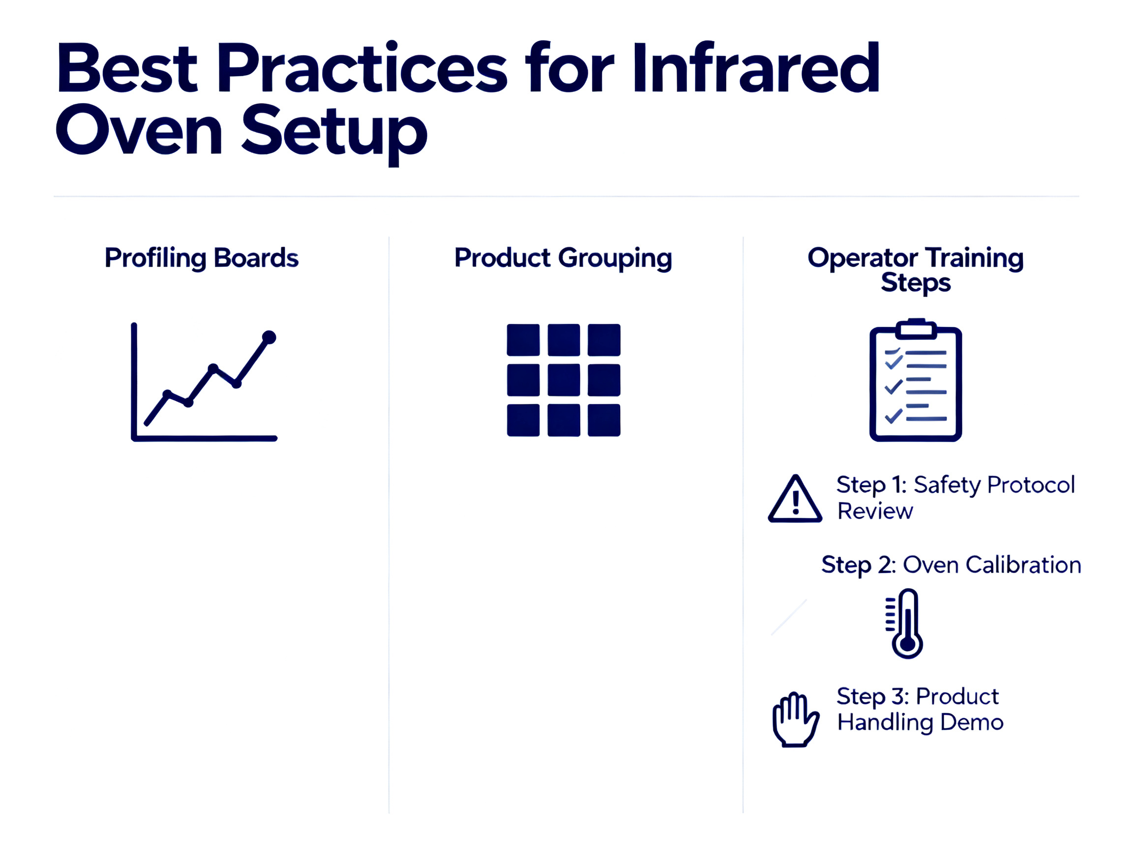 Minimal engineering infographic showing best practices for infrared oven setup.