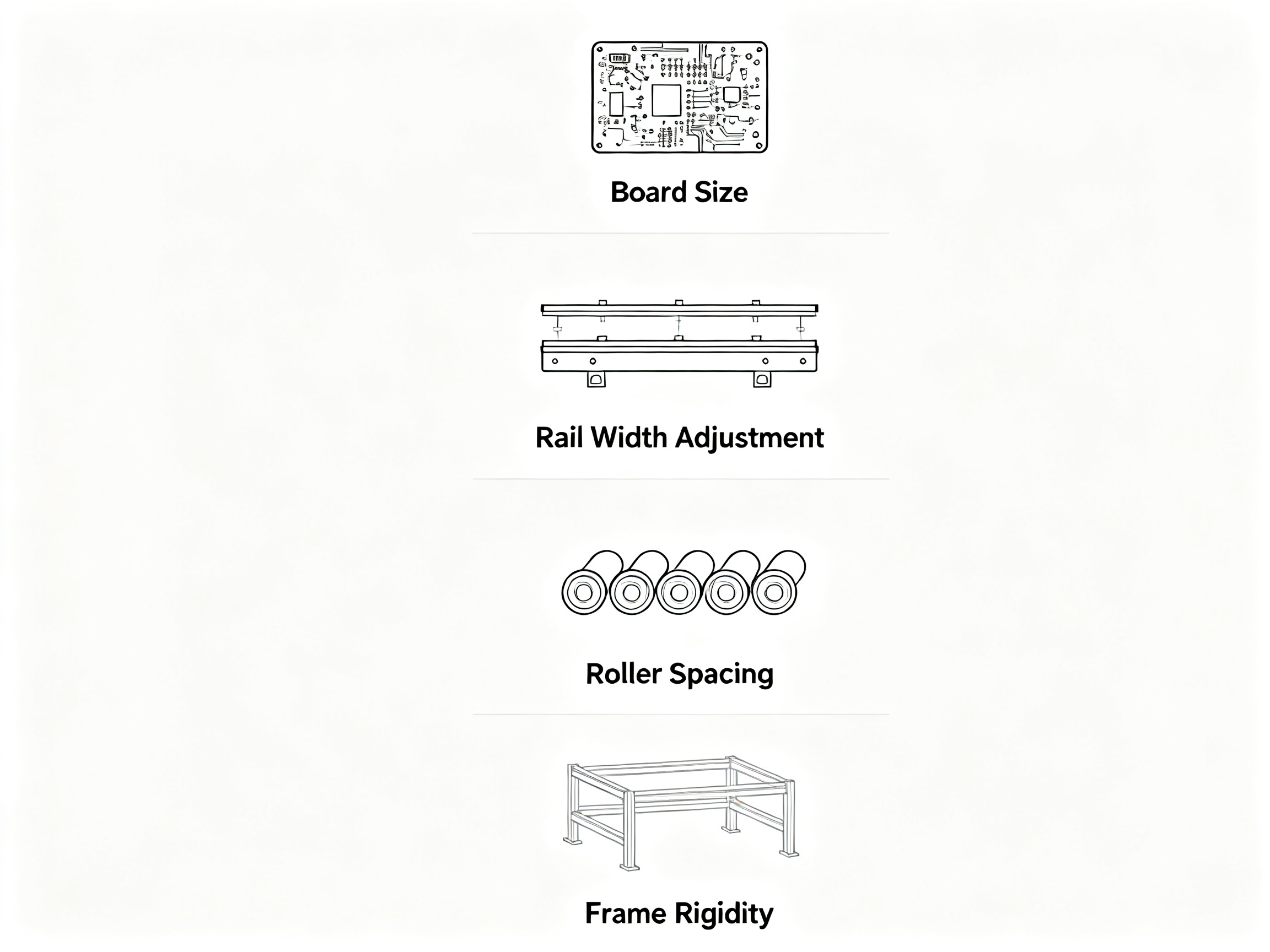 Minimal engineering infographic showing step-by-step design considerations for PCB roller conveyor systems.