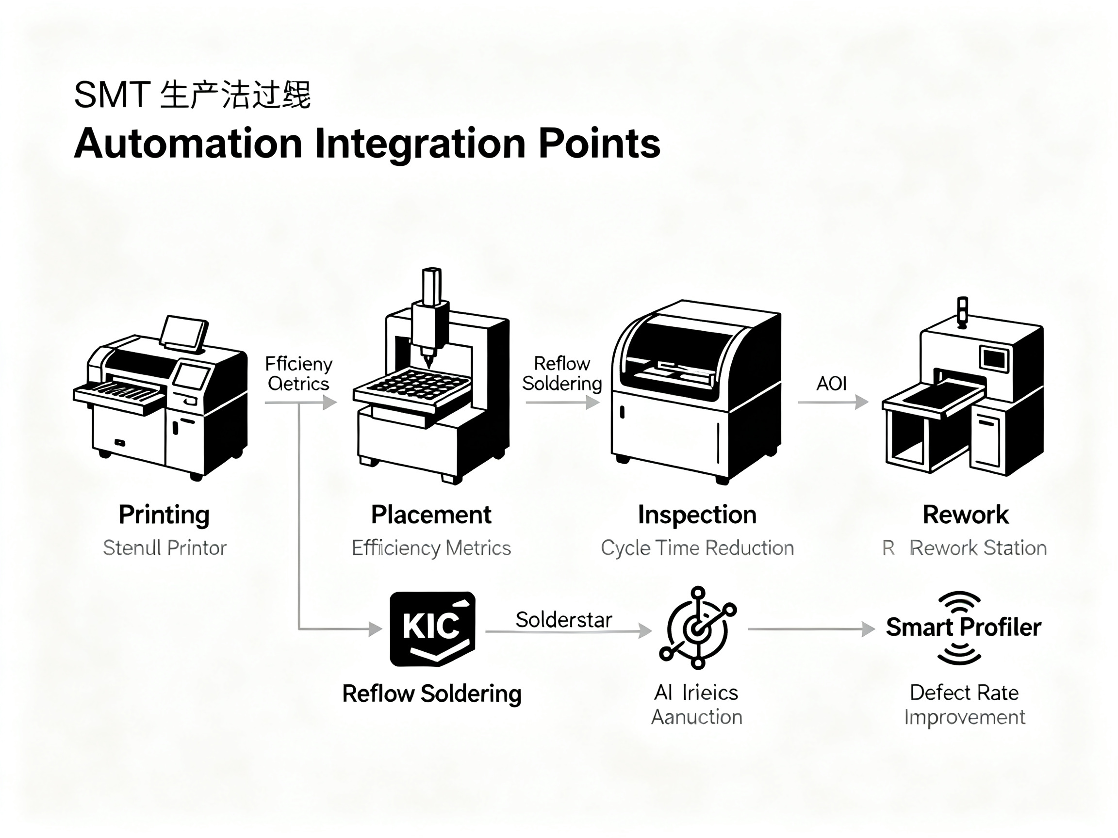 Minimal engineering infographic style: Visual representation of a manufacturing workflow connected to profiling tools.