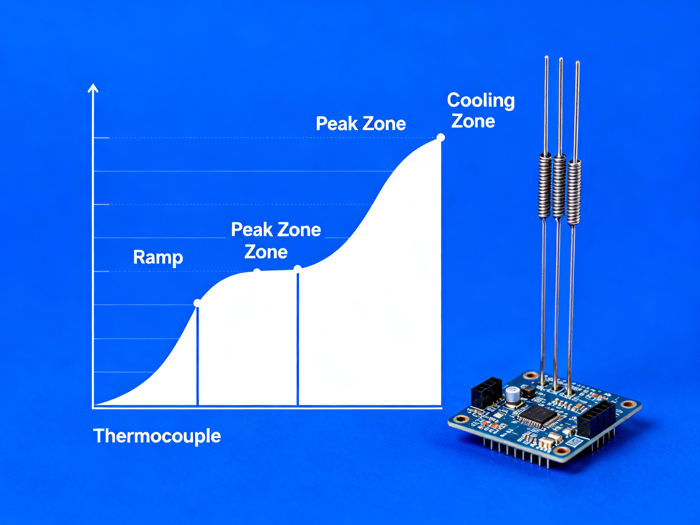 Minimal engineering infographic showing thermocouples attached to a PCB board.