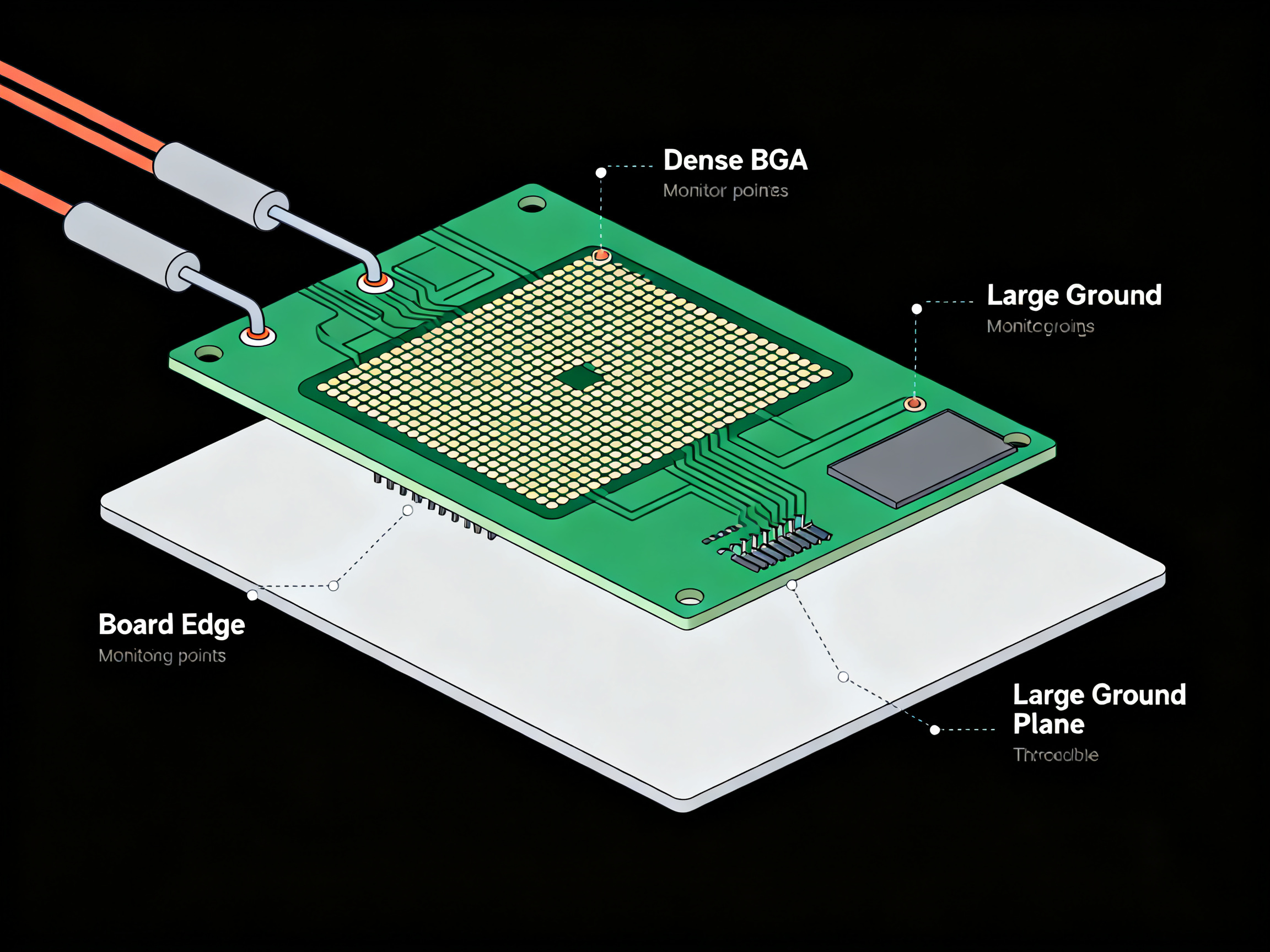 Minimal engineering infographic: Thermocouples attached to PCB with labeled monitoring points for measuring reflow temperature.