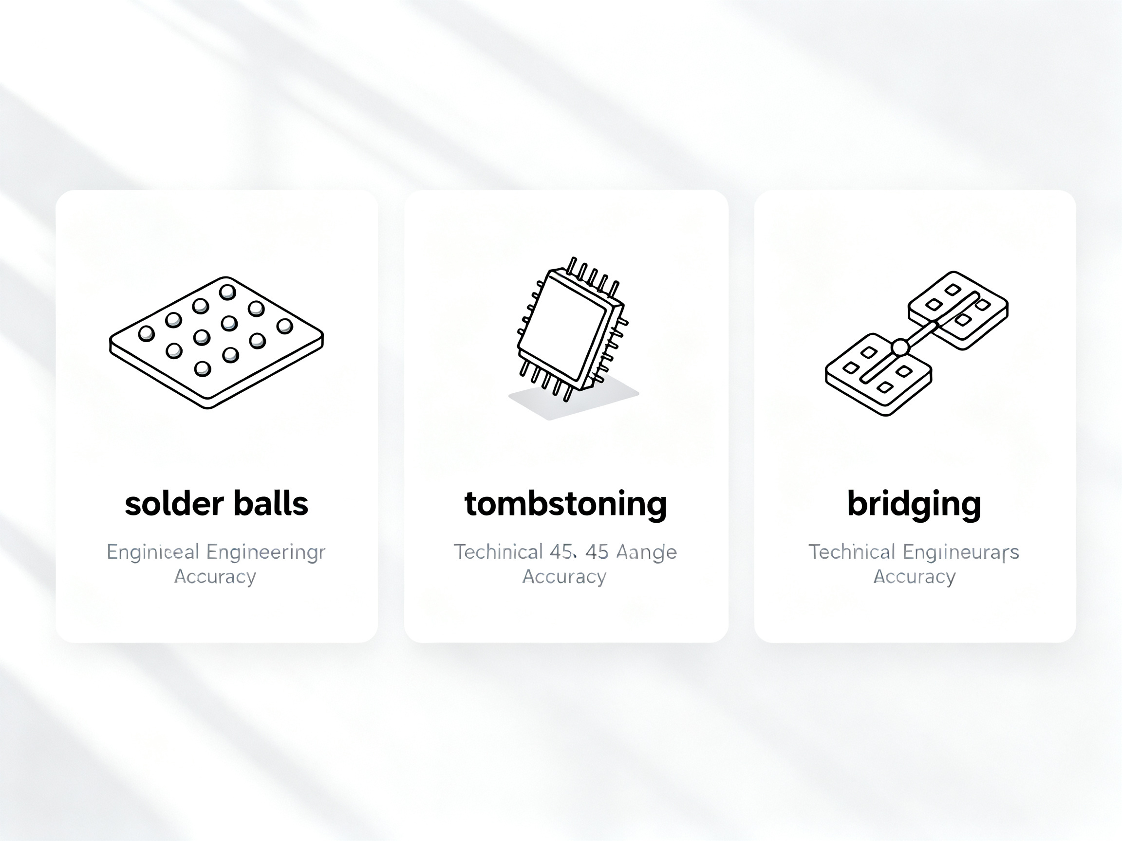 Minimal engineering infographic - visualization of SMT defects like solder balls, tombstoning, and bridging.