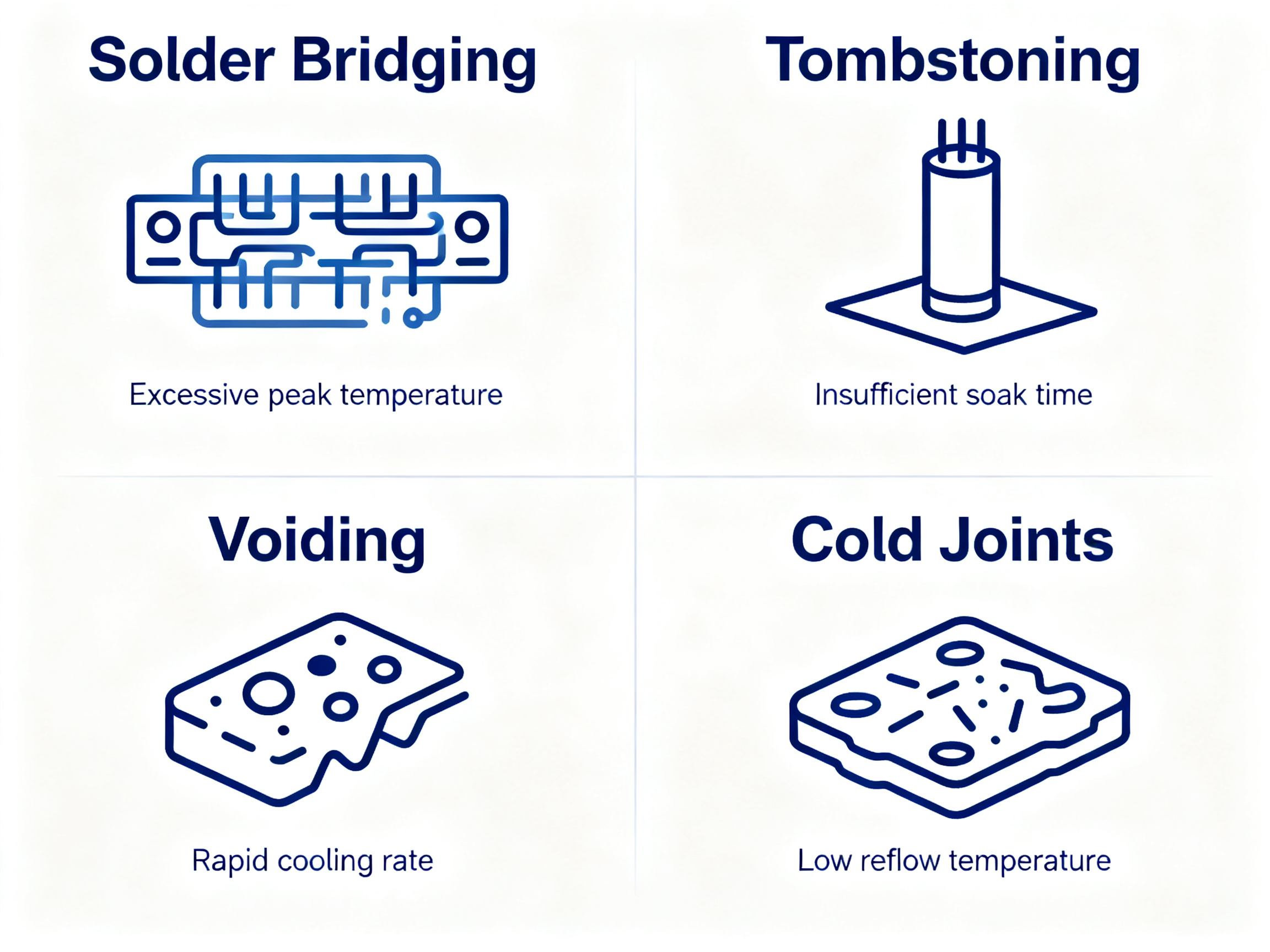 Minimal engineering infographic visualized defect patterns like solder bridging.