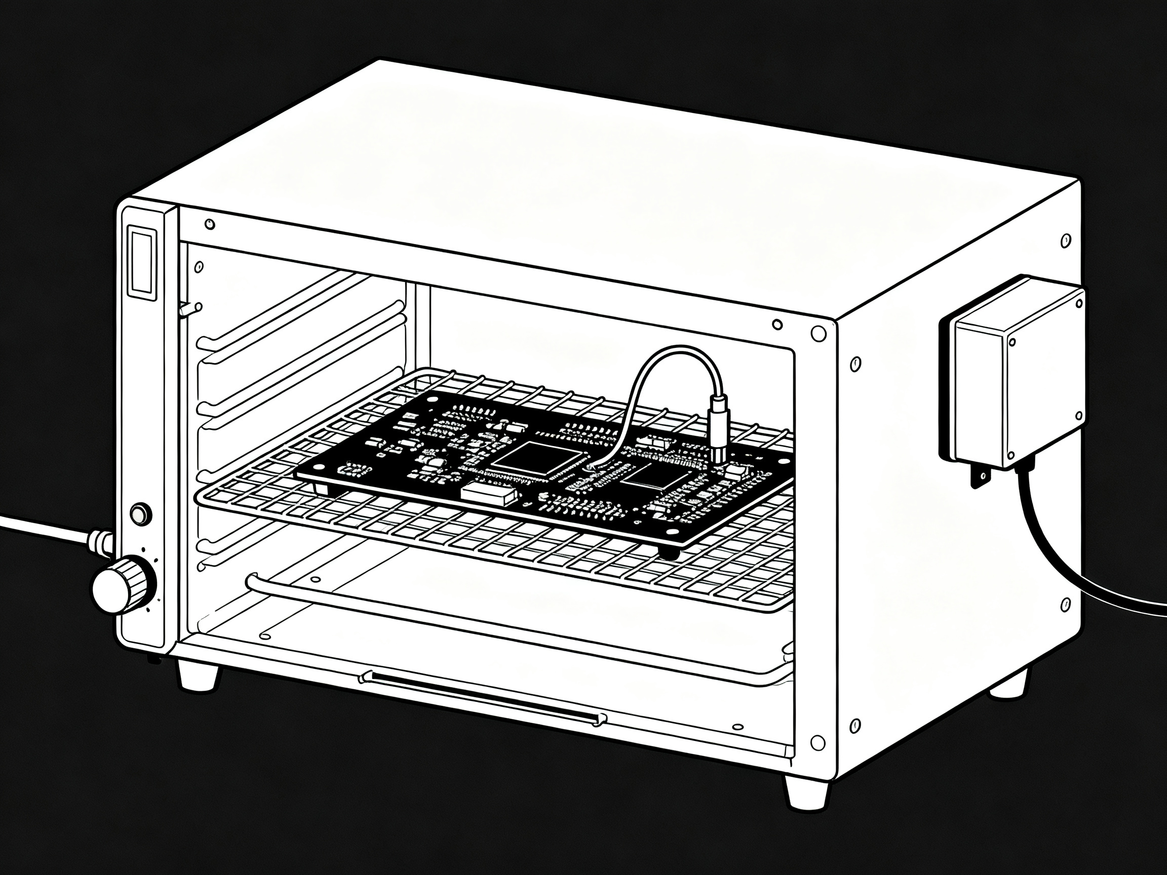 A cutaway view of a toaster oven showing internal heating elements, convection fan, and temperature sensor placement for solder reflow applications.