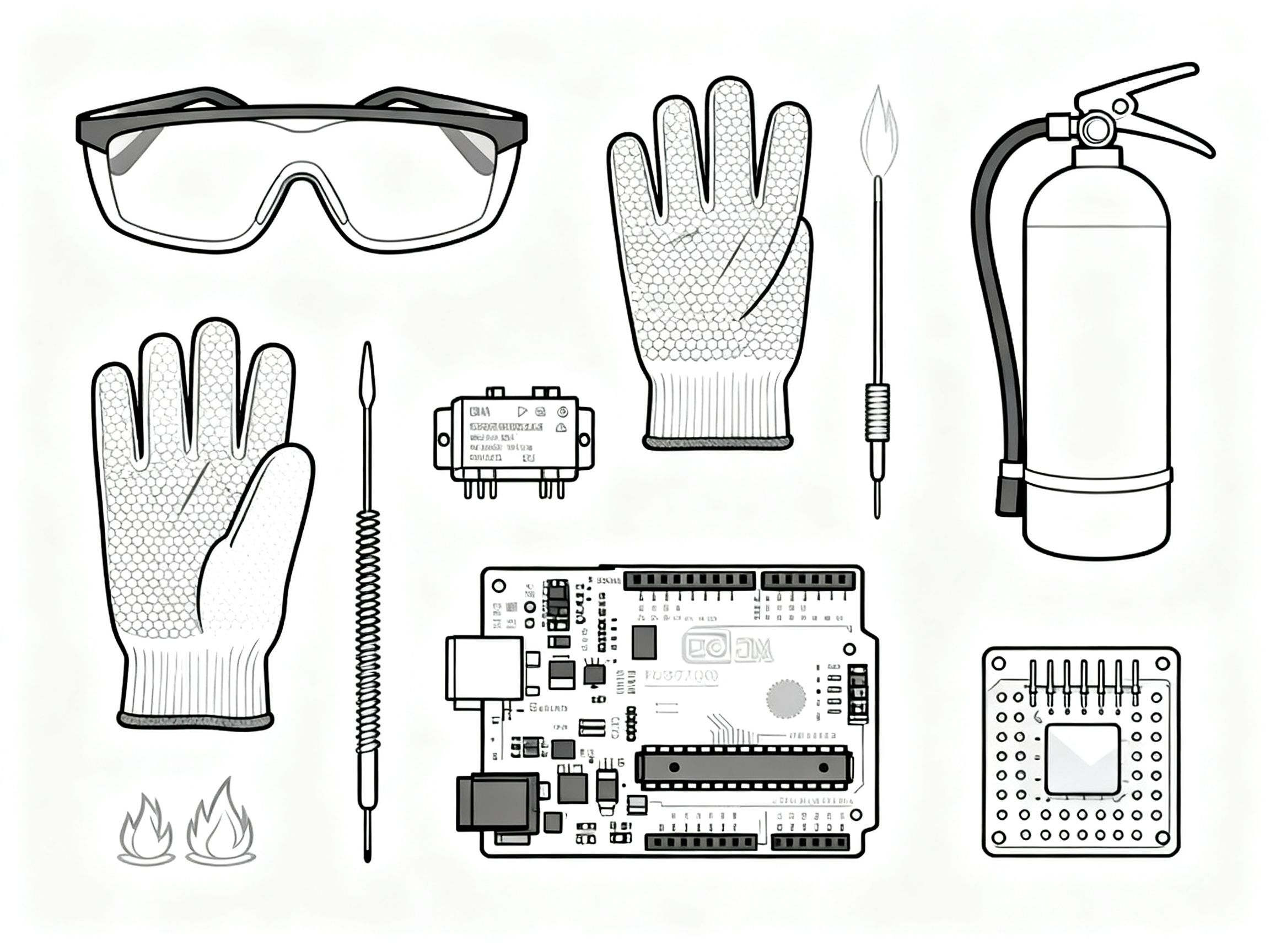 A flat lay composition of soldering tools and electronic components for a DIY reflow oven build, showing controllers, thermocouples, wiring, and testing equipment arranged on a workbench.