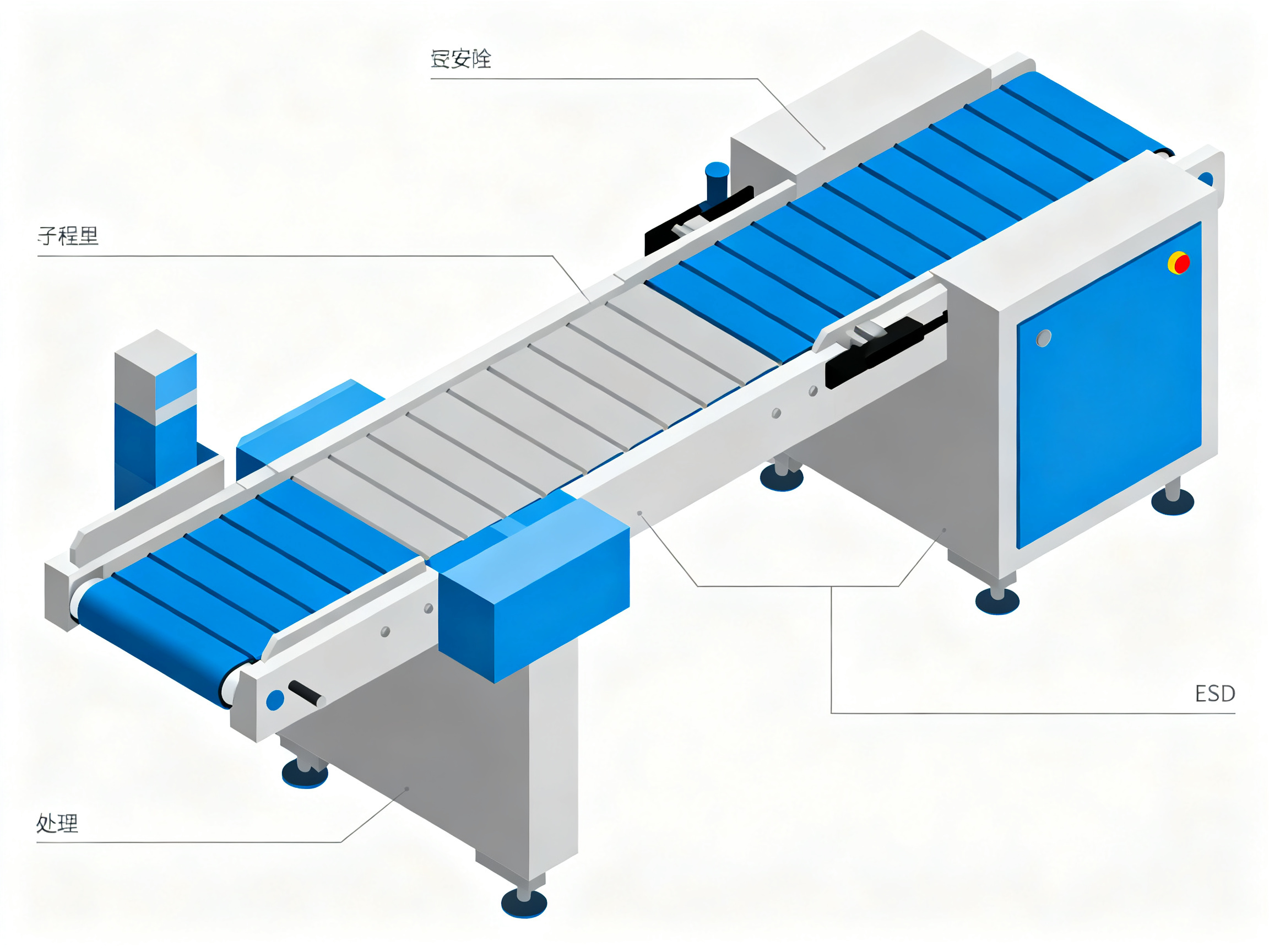 Minimal engineering infographic clean schematic style no text modular conveyor systems.