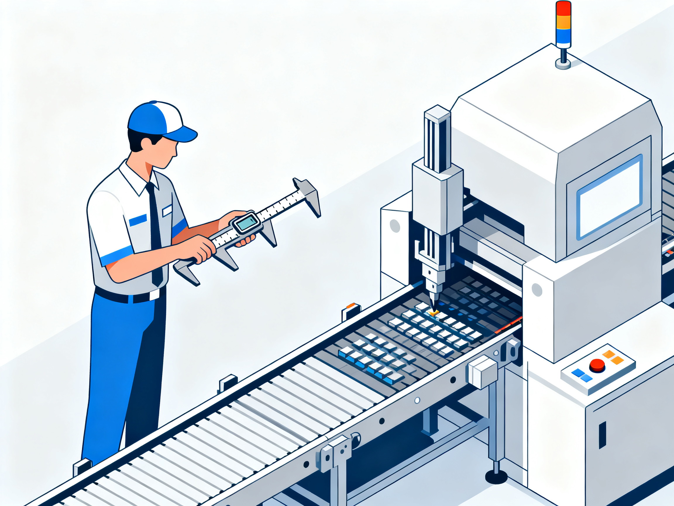 Minimal engineering infographic clean schematic style no text technician evaluating equipment.