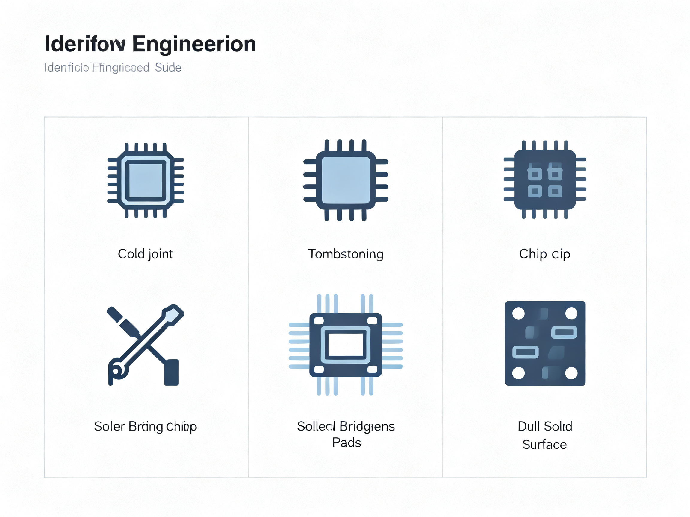Minimal engineering infographic clean technical diagram no text common reflow solder defects troubleshooting guide.