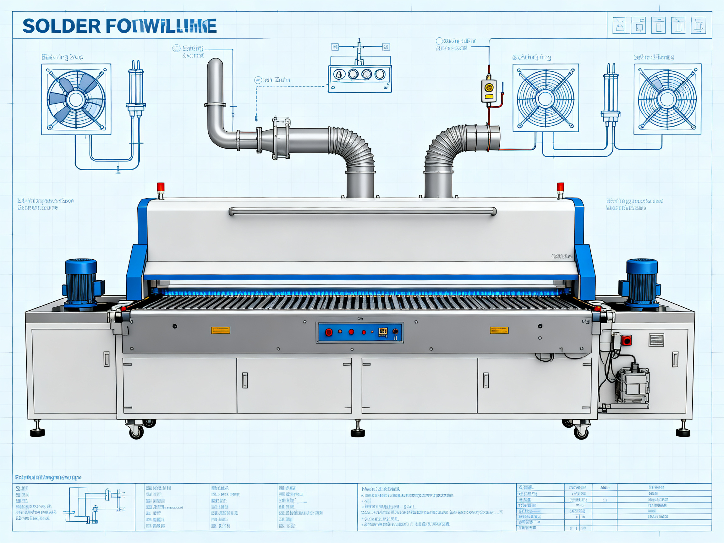 Minimal engineering infographic clean technical illustration of solder reflow oven.
