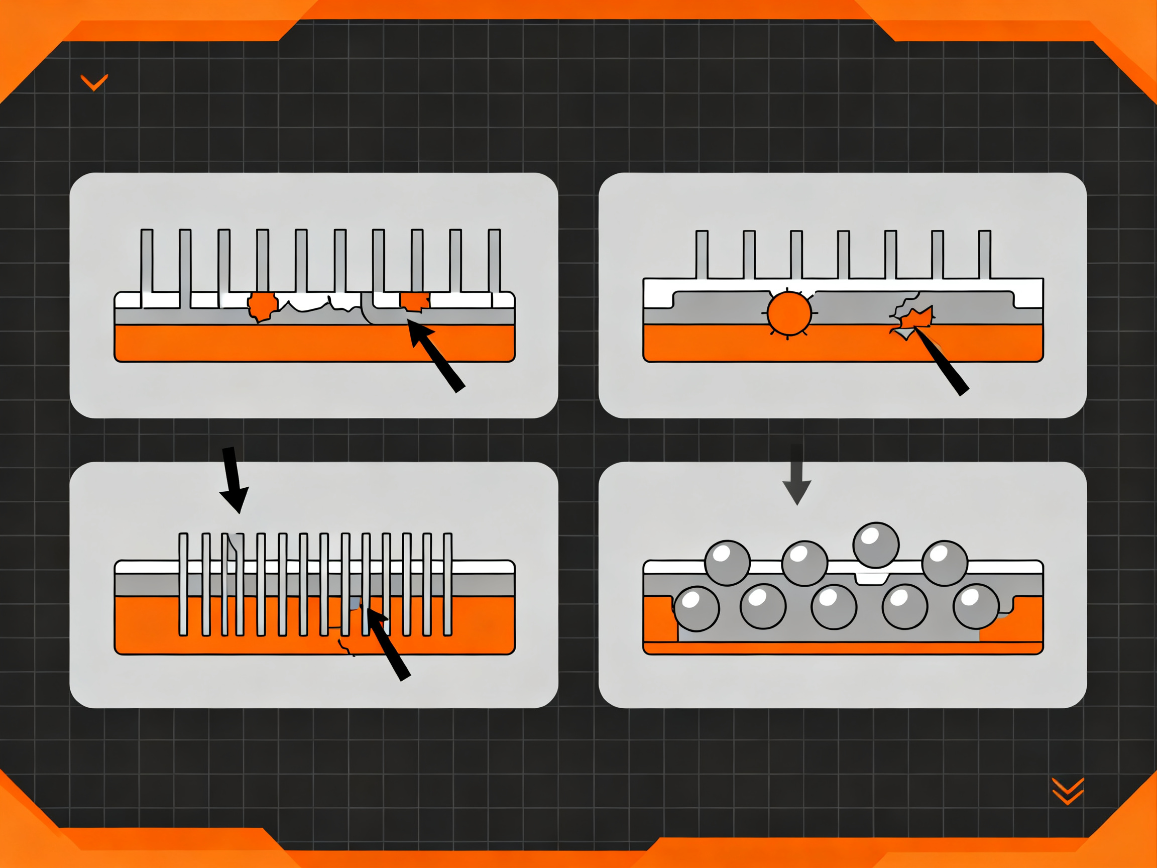 Minimal engineering infographic clean technical illustration showing common smt defects.