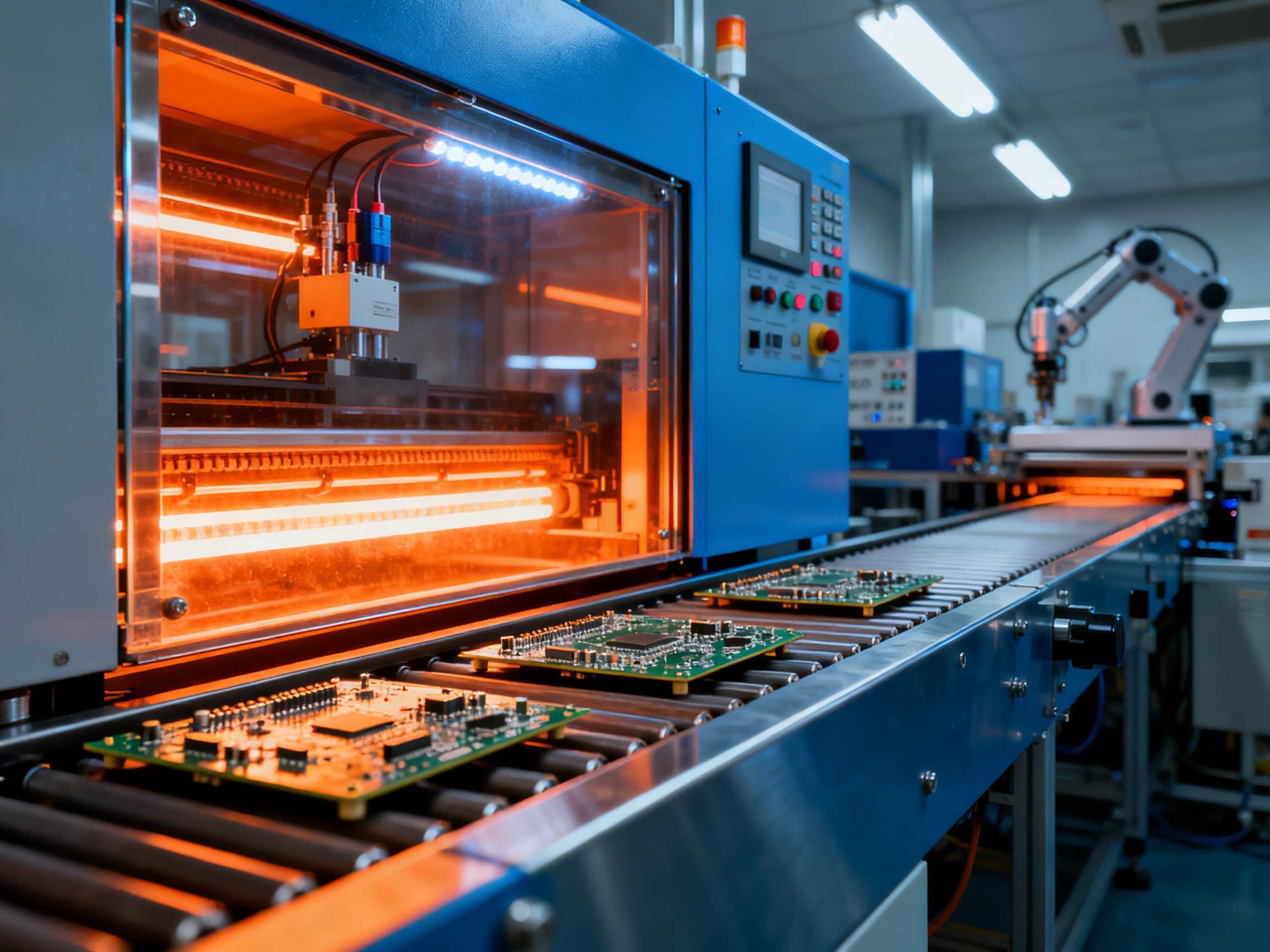 Modern reflow oven with visible heating zones for circuit boards production.