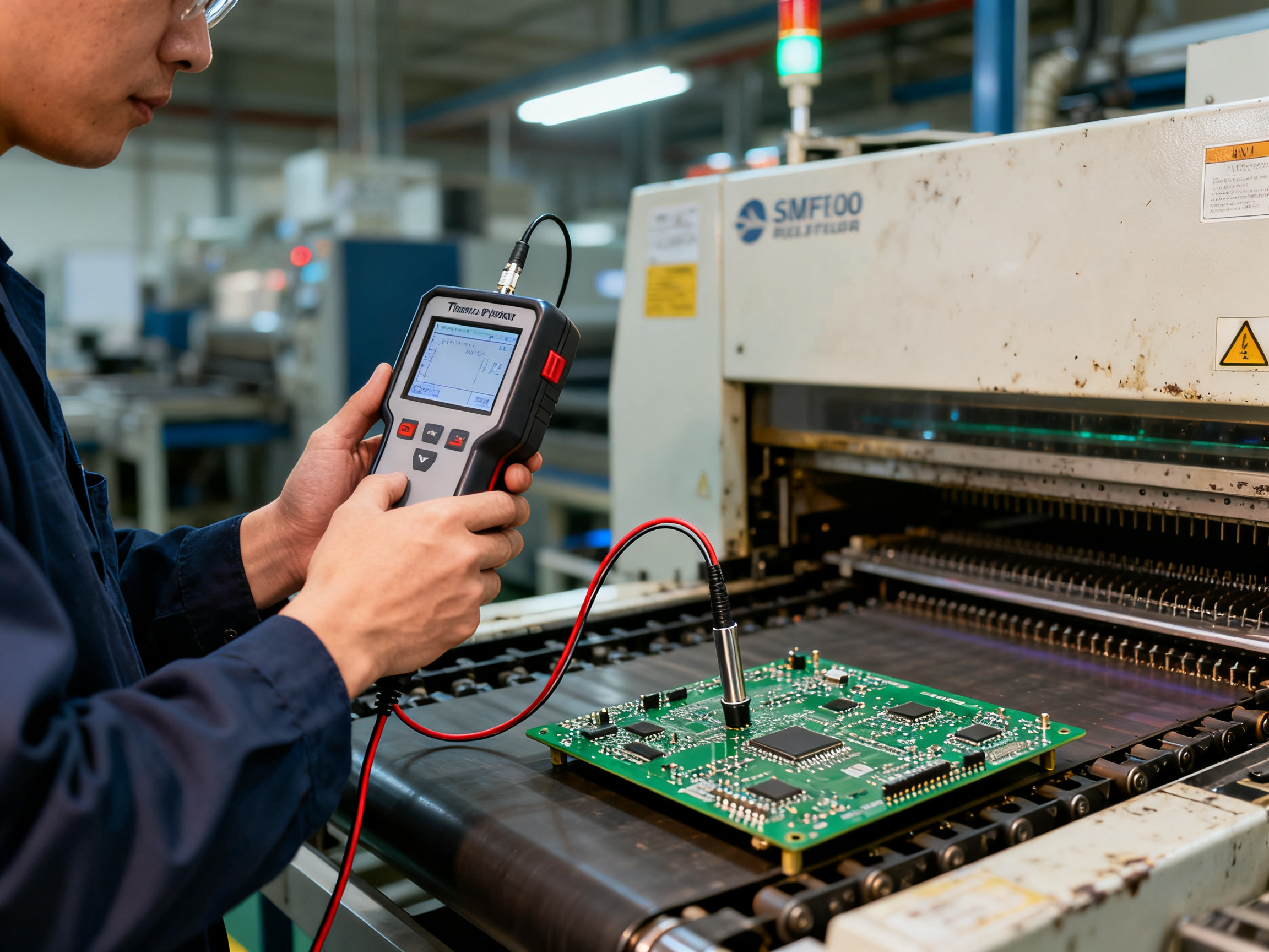 An engineer in an electronics factory using a handheld thermal profiler device.