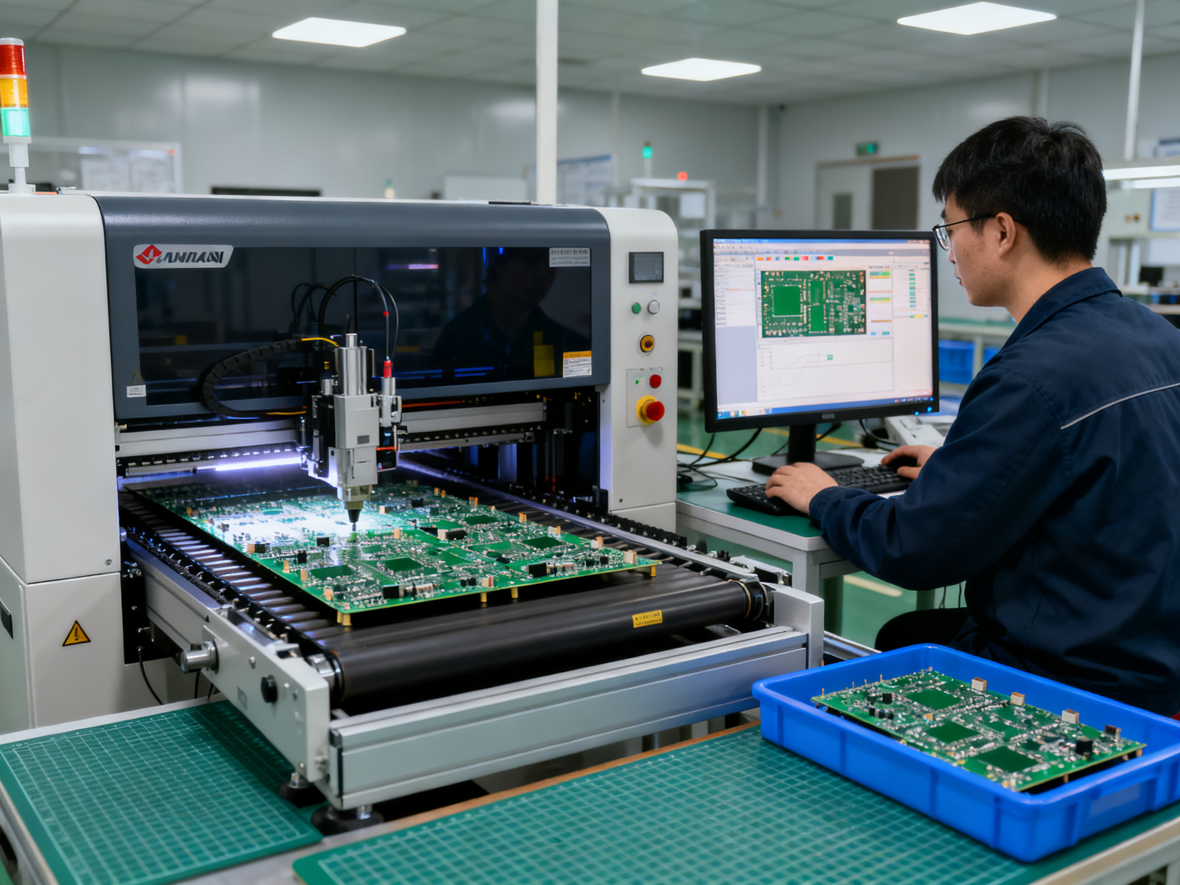 Automated optical inspection station after reflow aoi machine inspecting populated pcbs for quality control.