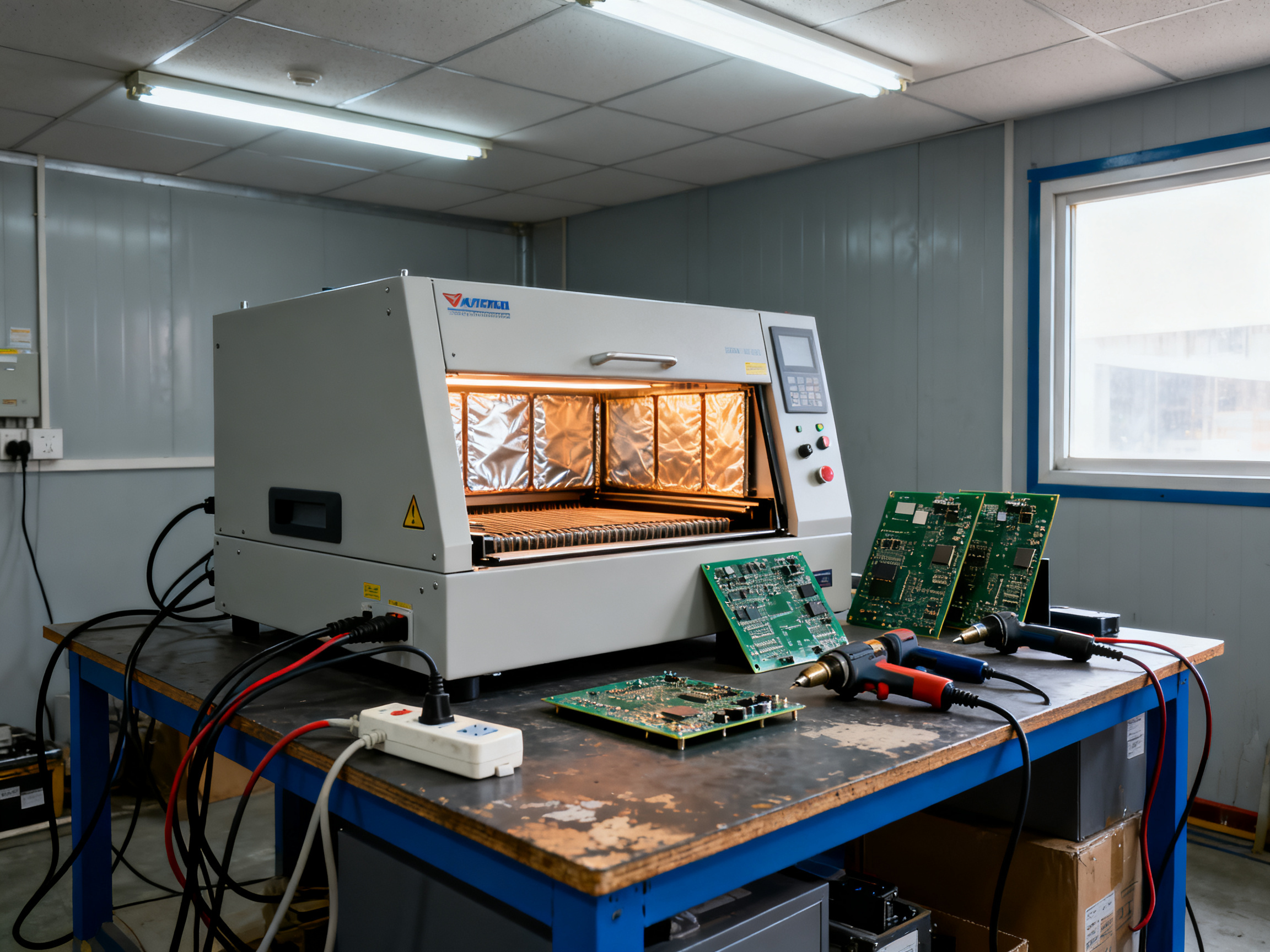 Benchtop reflow oven on a workshop workbench in a small electronics assembly space.