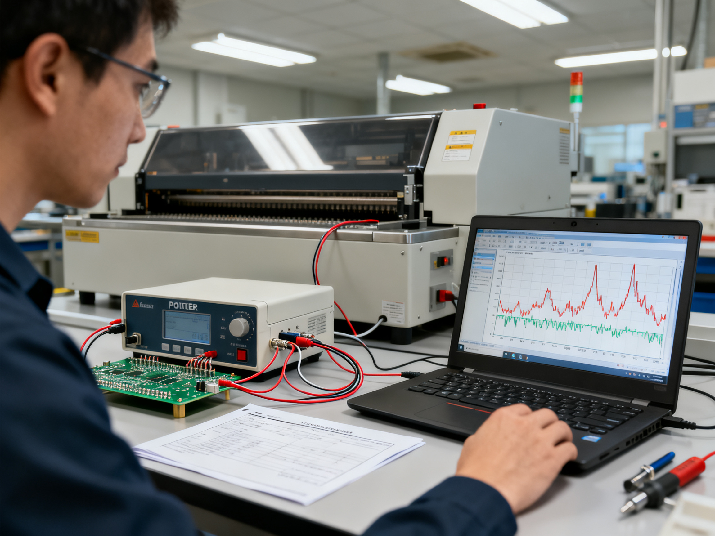 Close documentary shot of an engineer reviewing a reflow oven temperature profile.