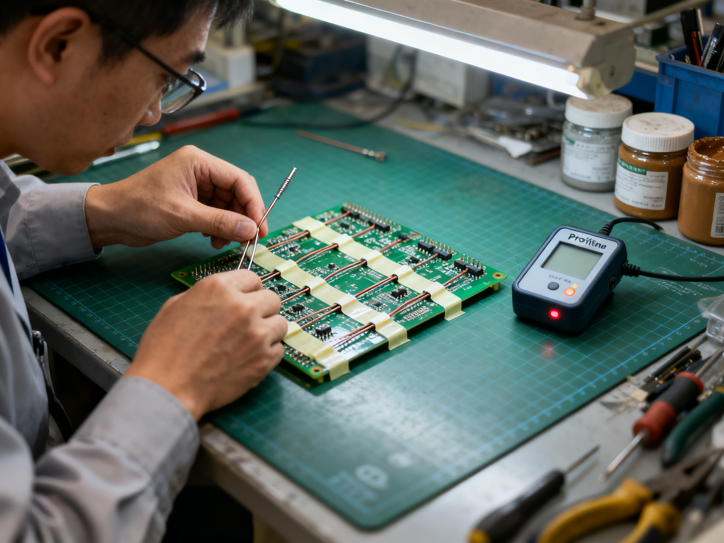 Close documentary view of an engineer carefully placing thermocouple sensors on a PCB for reflow profiling.