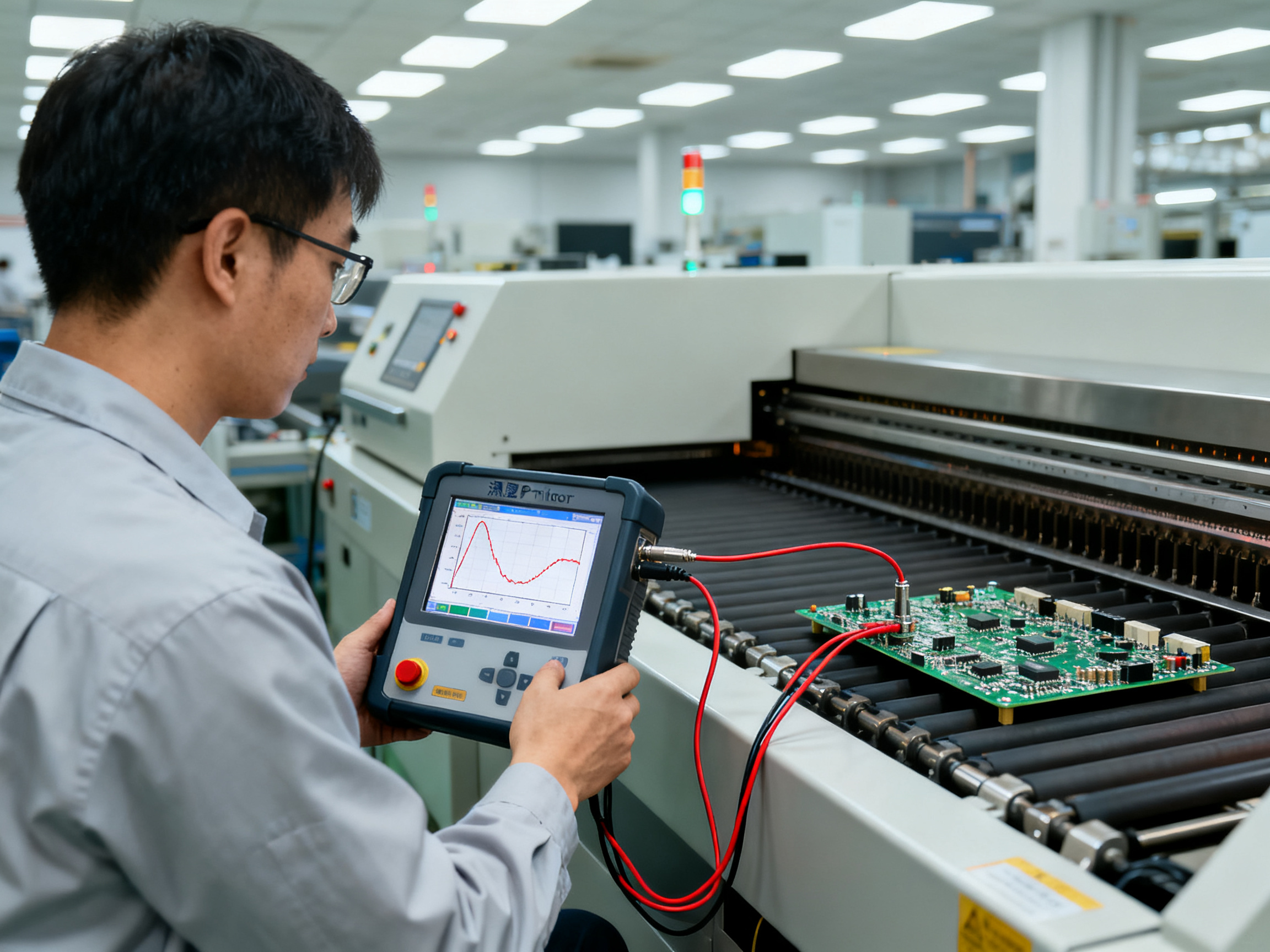 Close documentary view of an engineer using a portable thermal profiler beside a reflow oven.