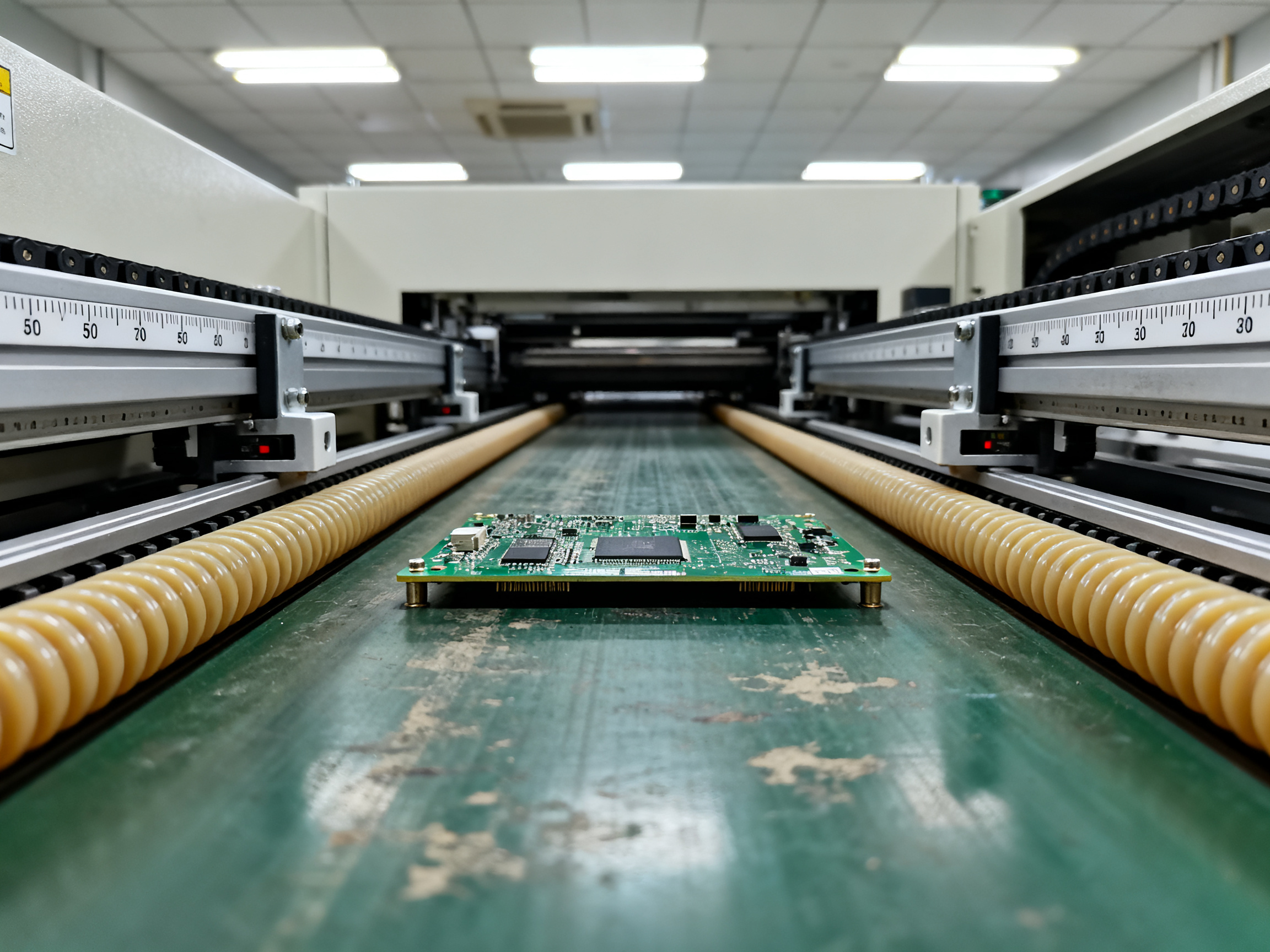 Close up detail view of an SMT belt conveyor transport mechanism at an AOI inspection station showing belts and rollers.