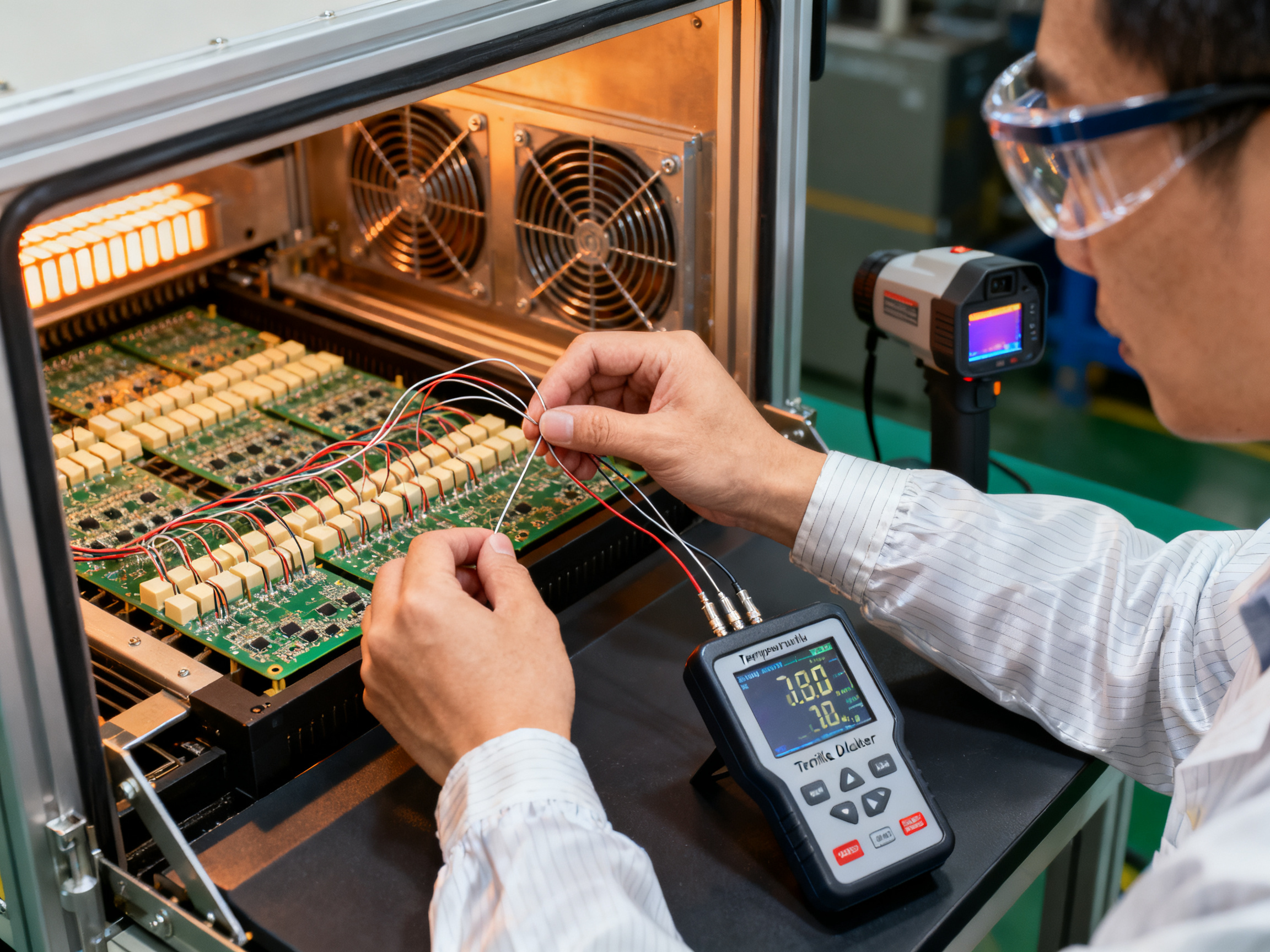 Close up documentary photograph of an engineer performing thermal profiling on a reflow oven.