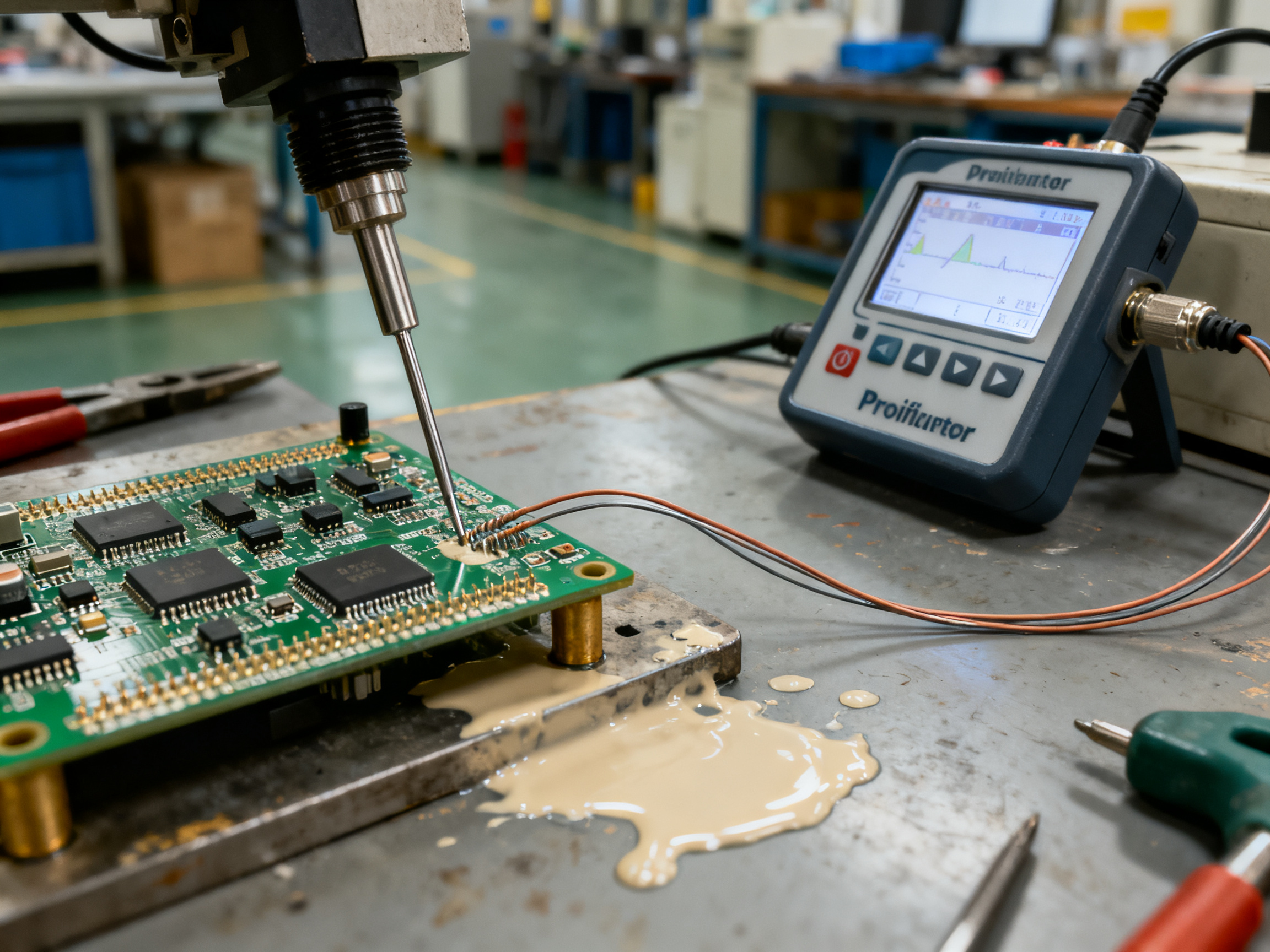 A close up documentary scene showing fine wire thermocouples being attached to a p.