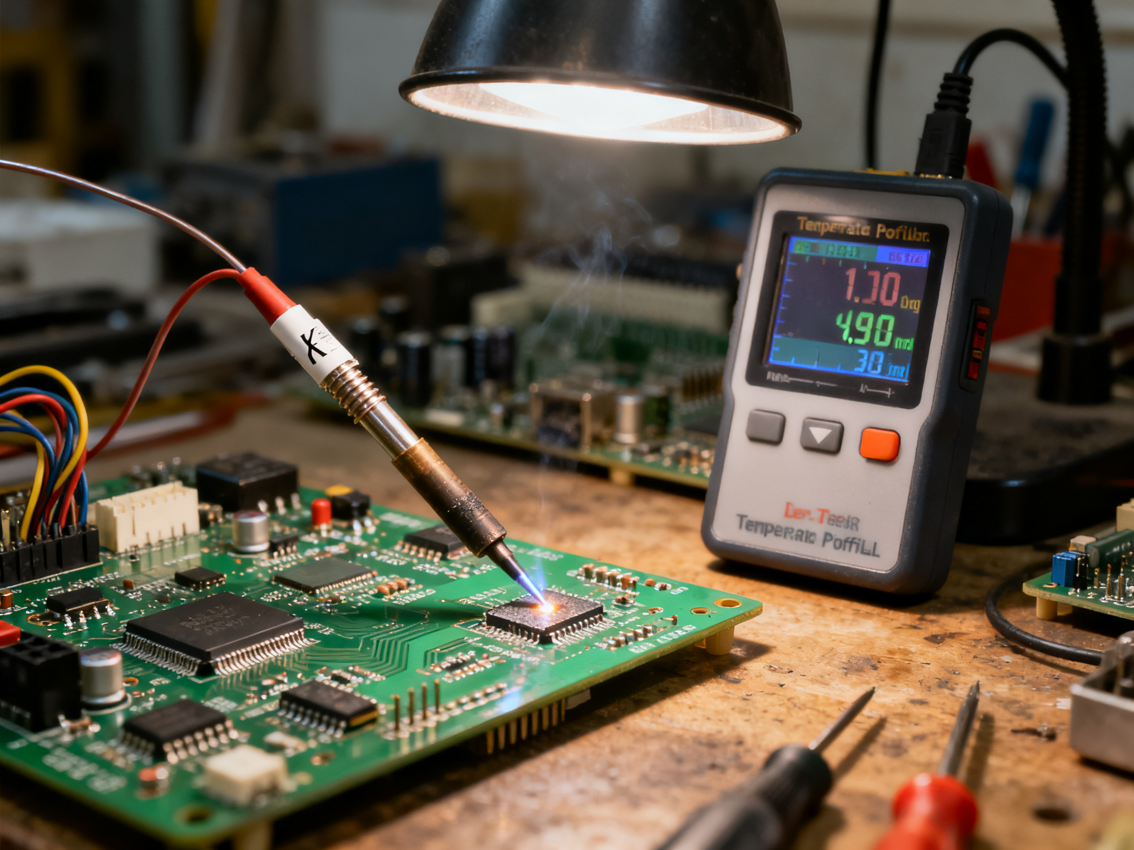Close up documentary shot of thermocouple attachment to PCB for thermal profiling.